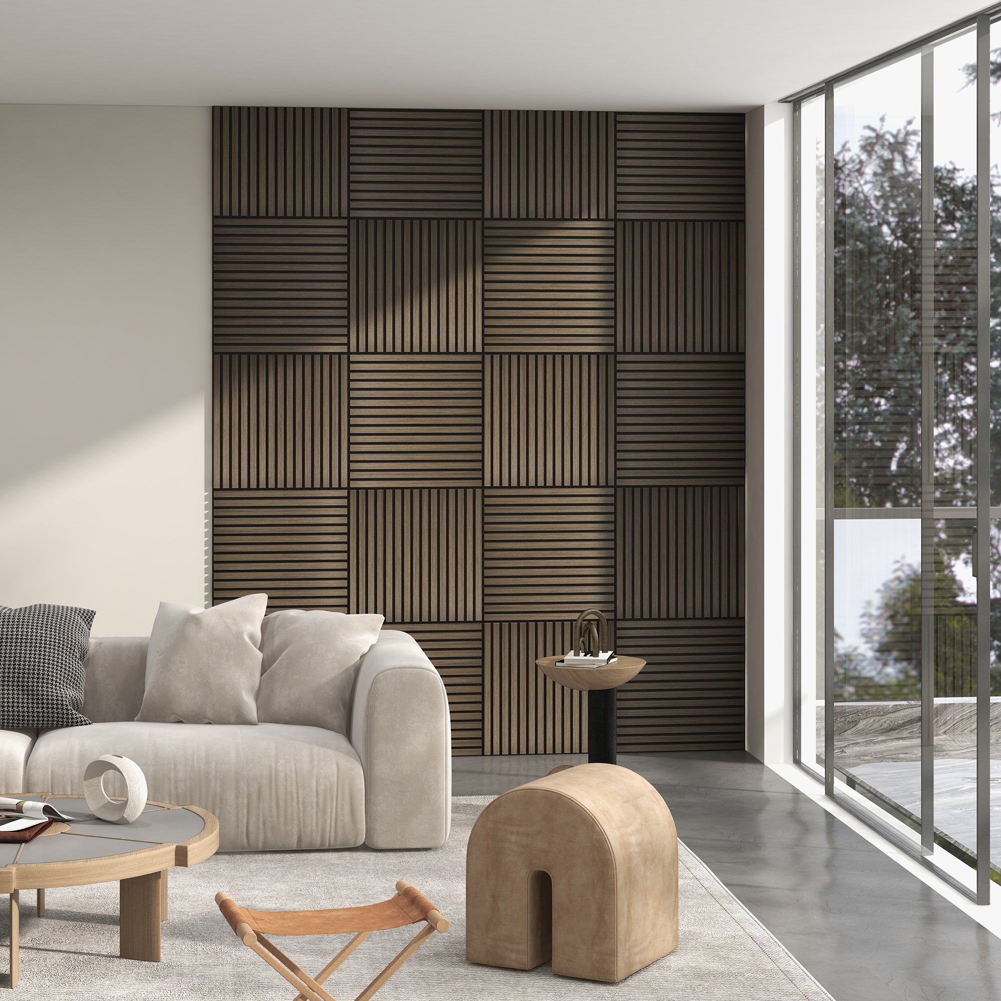 HOMCOM 24 x 24 Inches 3D Faux Wood Wall Panels, 4 Pack Acoustic Panels, Sound Absorbing and Proof Slat Wall For Interior Wall Decor, Home, Office, Studio, Walnut Brown