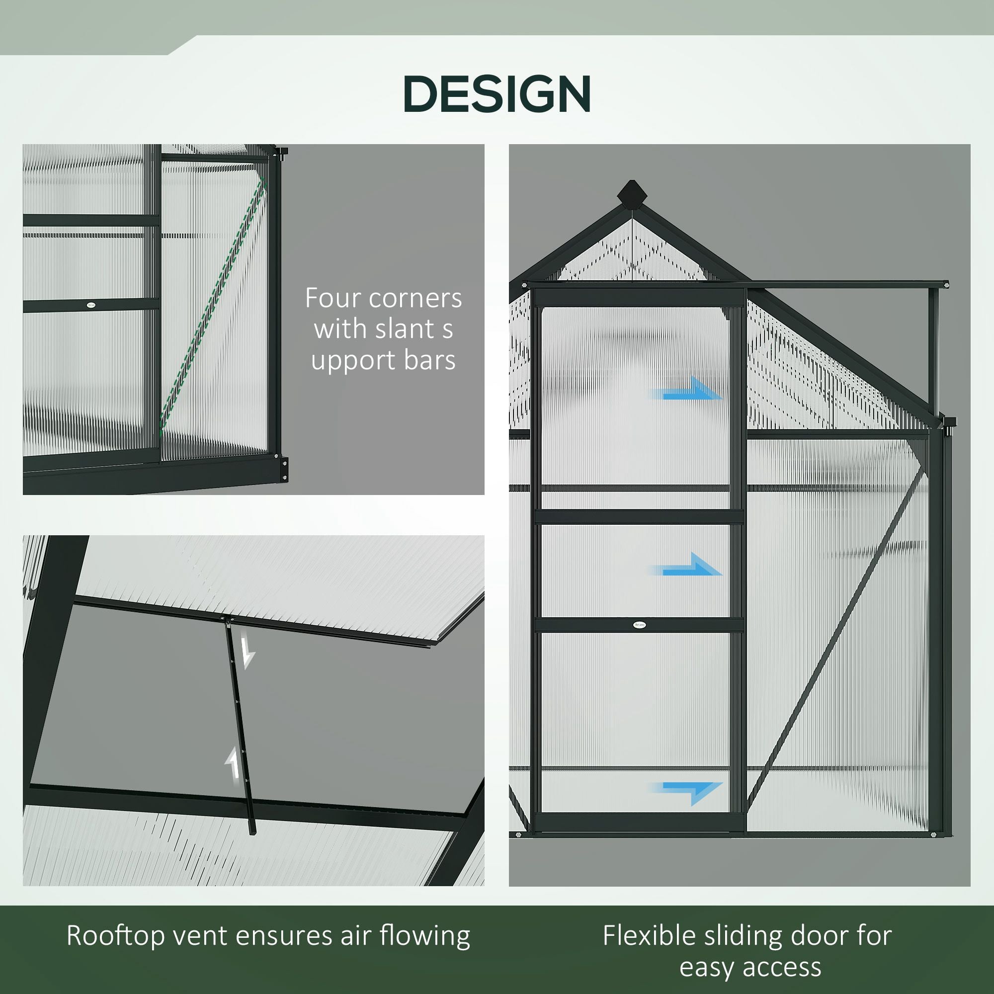 Outsunny 6' x 6' x 6.6' Polycarbonate Greenhouse, Walk-In Green House Kit Garden, Plants Grow, Galvanized Sheet Aluminum Frame with Rain Gutter, Vent and Sliding Door, Grey