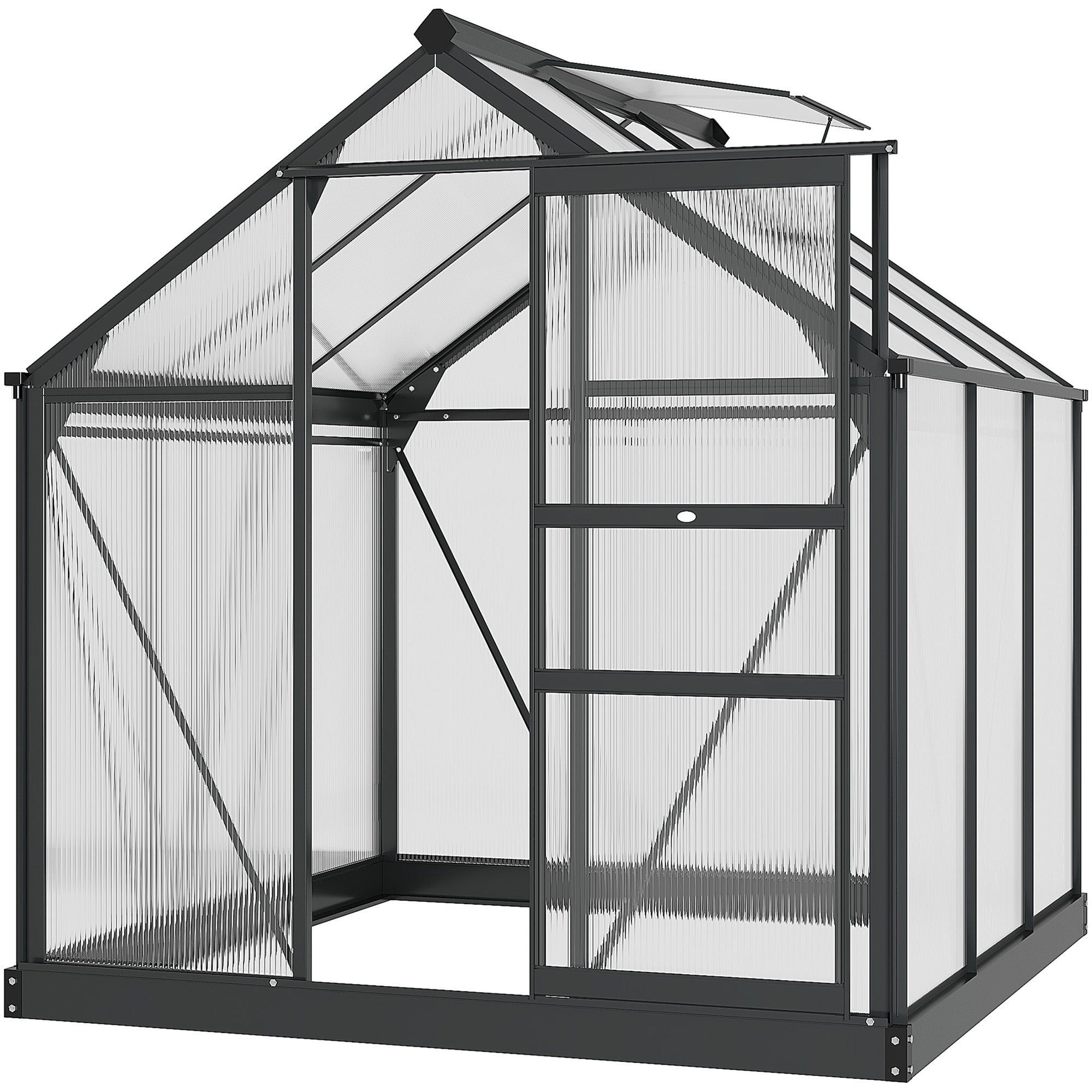 Outsunny 6' x 6' x 6.6' Polycarbonate Greenhouse, Walk-In Green House Kit Garden, Plants Grow, Galvanized Sheet Aluminum Frame with Rain Gutter, Vent and Sliding Door, Grey