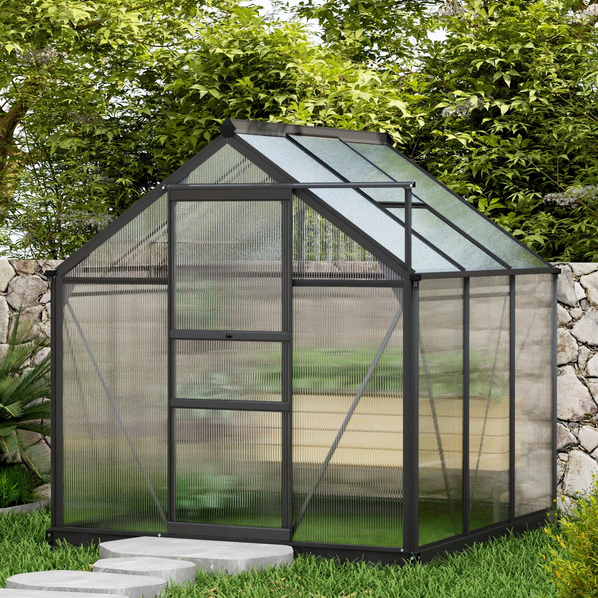 Outsunny 6' x 6' x 6.6' Polycarbonate Greenhouse, Walk-In Green House Kit Garden, Plants Grow, Galvanized Sheet Aluminum Frame with Rain Gutter, Vent and Sliding Door, Grey