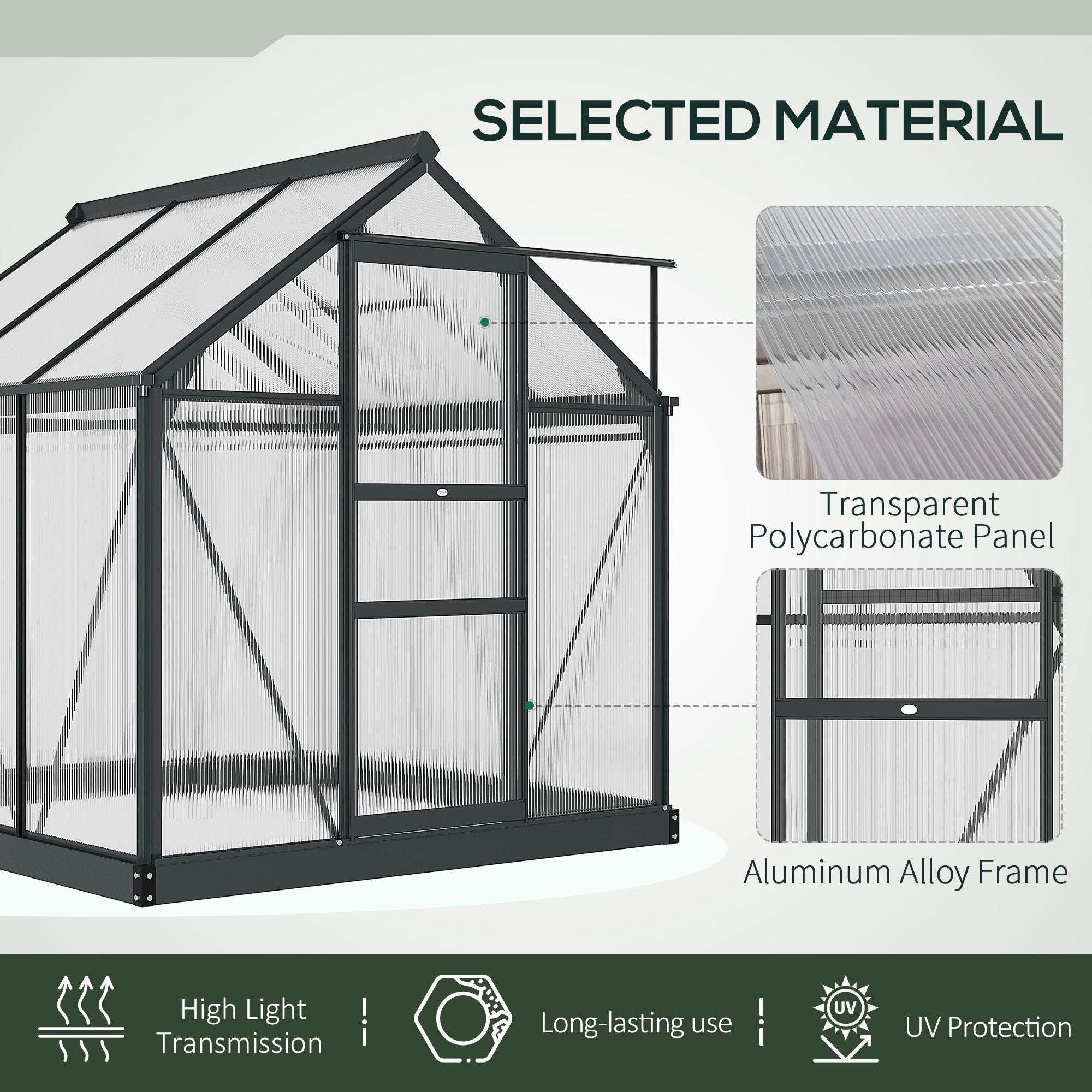 Outsunny 6' x 6' x 6.6' Polycarbonate Greenhouse, Walk-In Green House Kit Garden, Plants Grow, Galvanized Sheet Aluminum Frame with Rain Gutter, Vent and Sliding Door, Grey