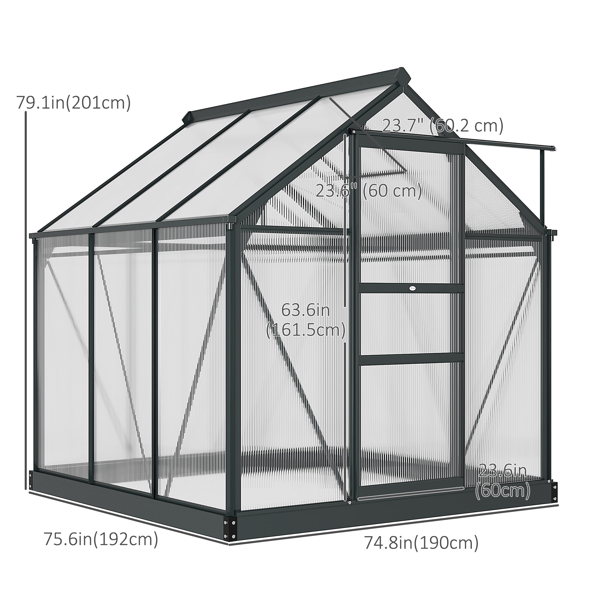 Outsunny 6' x 6' x 6.6' Polycarbonate Greenhouse, Walk-In Green House Kit Garden, Plants Grow, Galvanized Sheet Aluminum Frame with Rain Gutter, Vent and Sliding Door, Grey