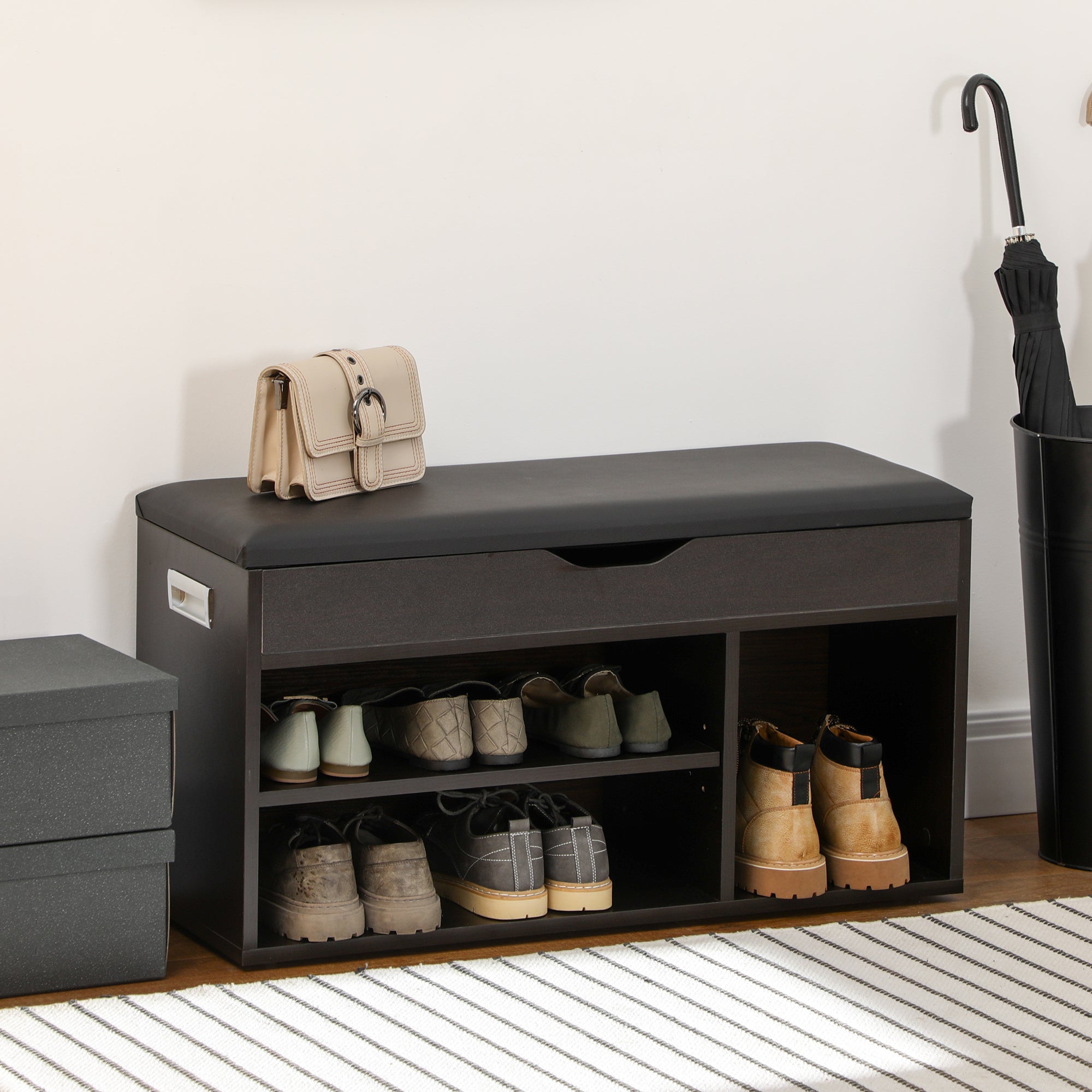 HOMCOM Shoe Bench Entryway Storage Rack with Padded Cushion PU Cover Hidden Storage for Hallway Living Room Bedroom, Black