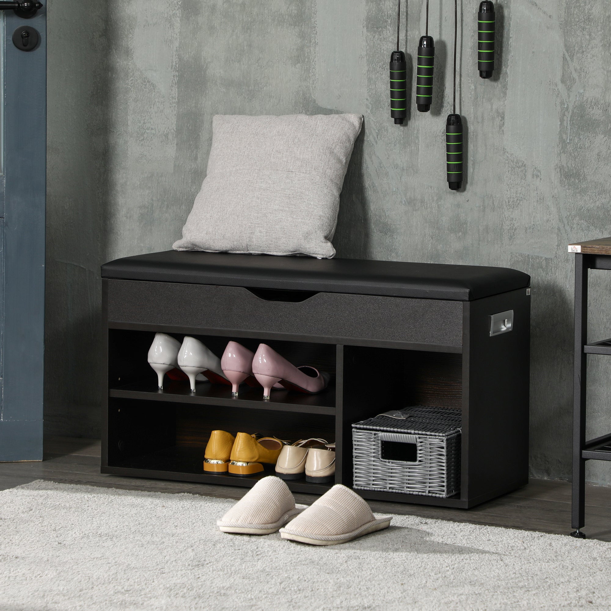 HOMCOM Shoe Bench Entryway Storage Rack with Padded Cushion PU Cover Hidden Storage for Hallway Living Room Bedroom, Black