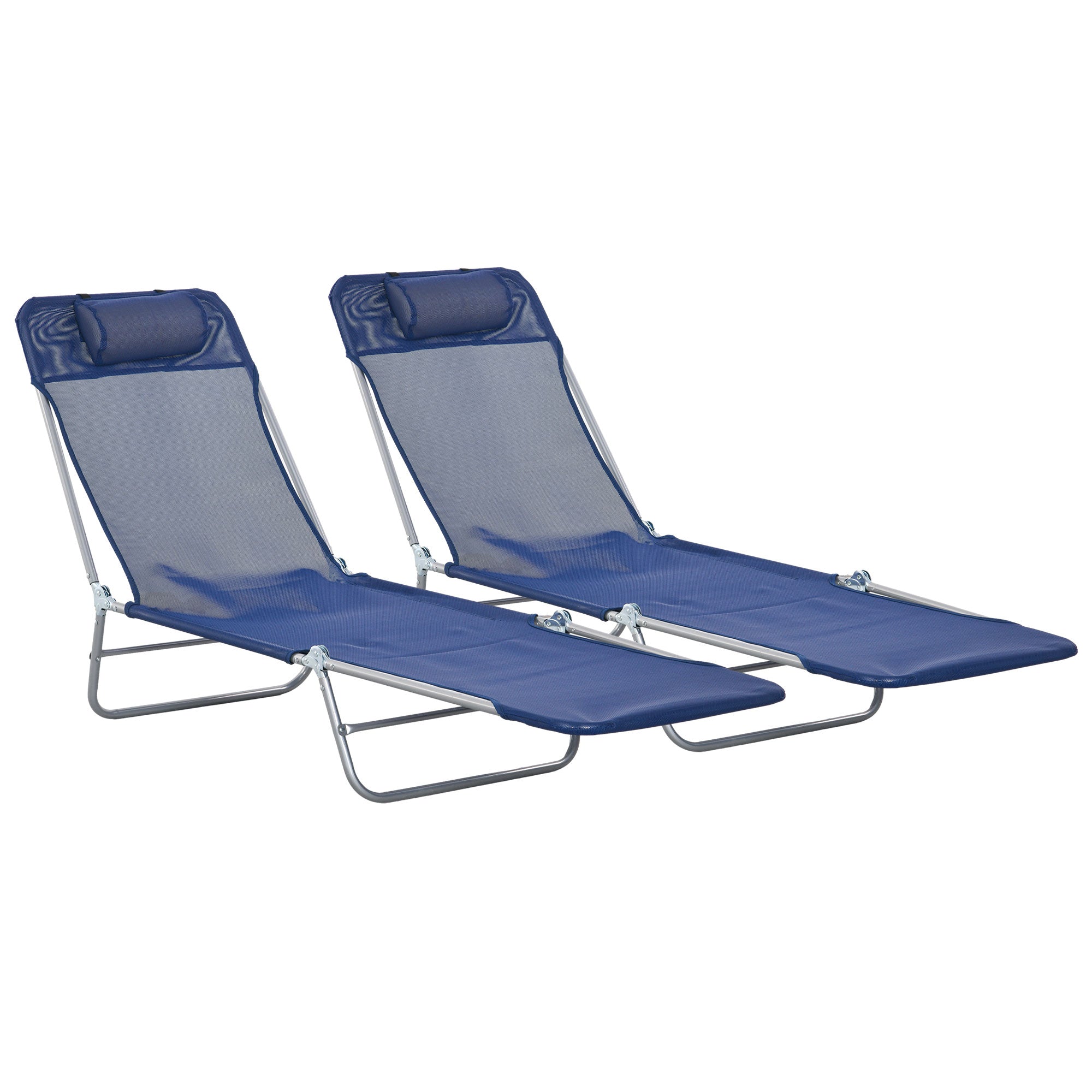 Outsunny  Set of 2 Folding Chaise Lounge Pool Chairs, Outdoor Sun Tanning Chairs with Pillow, Reclining Back, Steel Frame & Breathable Mesh for Beach, Yard, Patio, Dark Blue