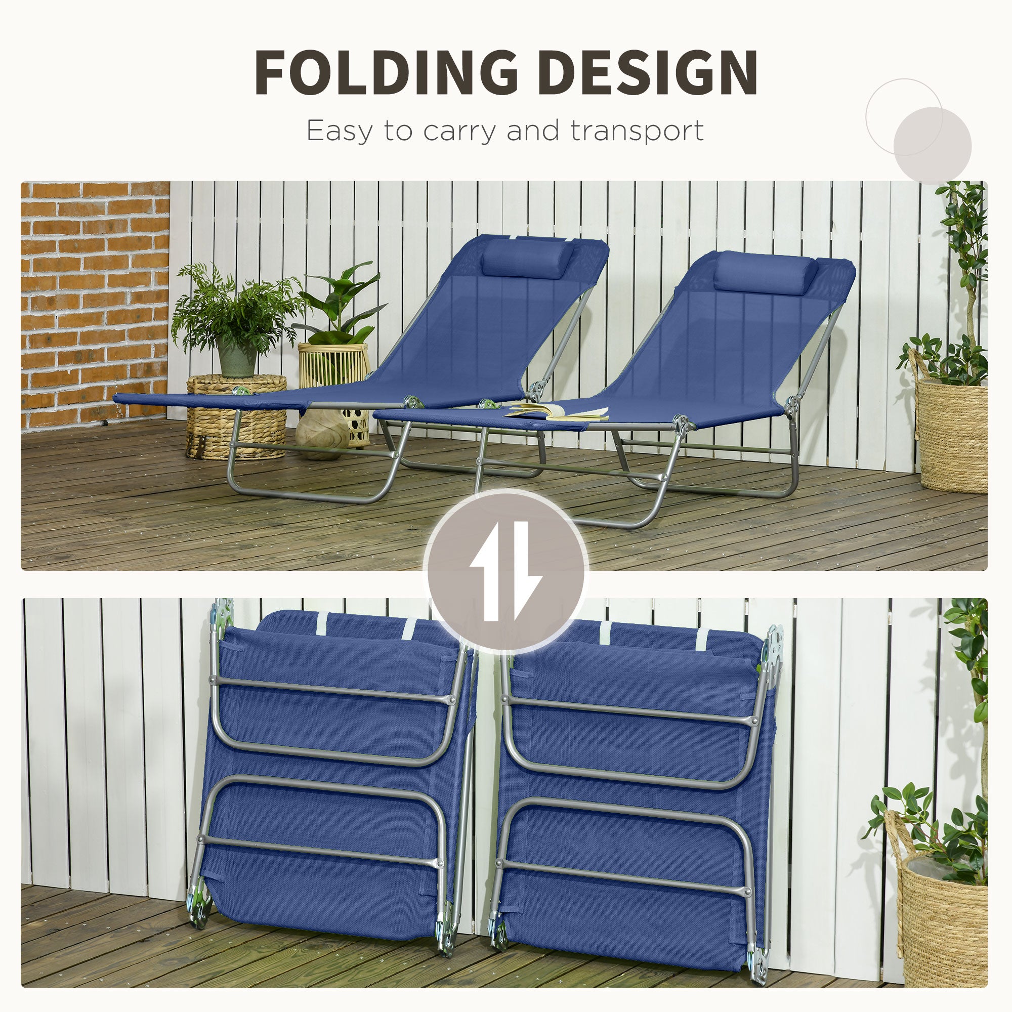 Outsunny  Set of 2 Folding Chaise Lounge Pool Chairs, Outdoor Sun Tanning Chairs with Pillow, Reclining Back, Steel Frame & Breathable Mesh for Beach, Yard, Patio, Dark Blue