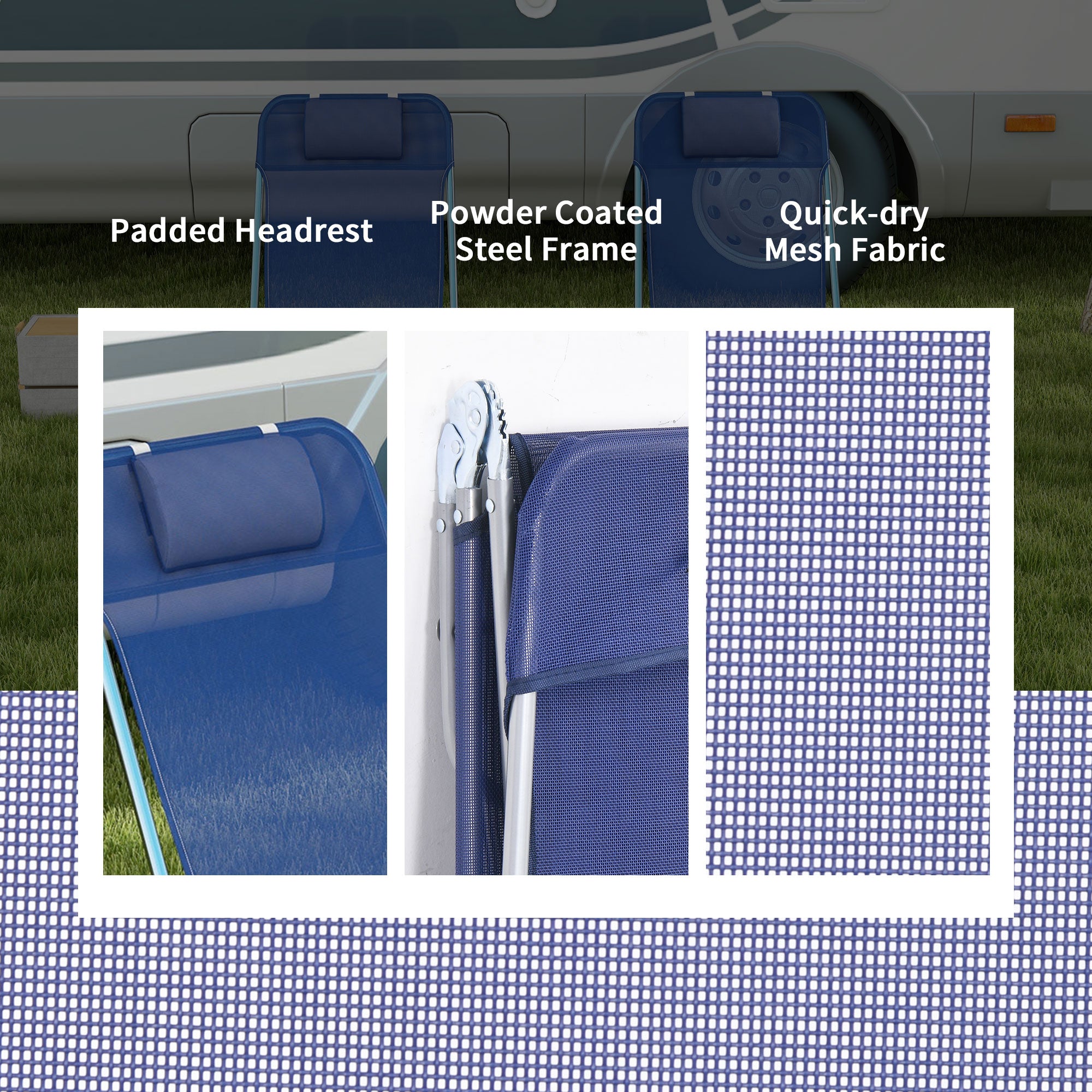 Outsunny  Set of 2 Folding Chaise Lounge Pool Chairs, Outdoor Sun Tanning Chairs with Pillow, Reclining Back, Steel Frame & Breathable Mesh for Beach, Yard, Patio, Dark Blue