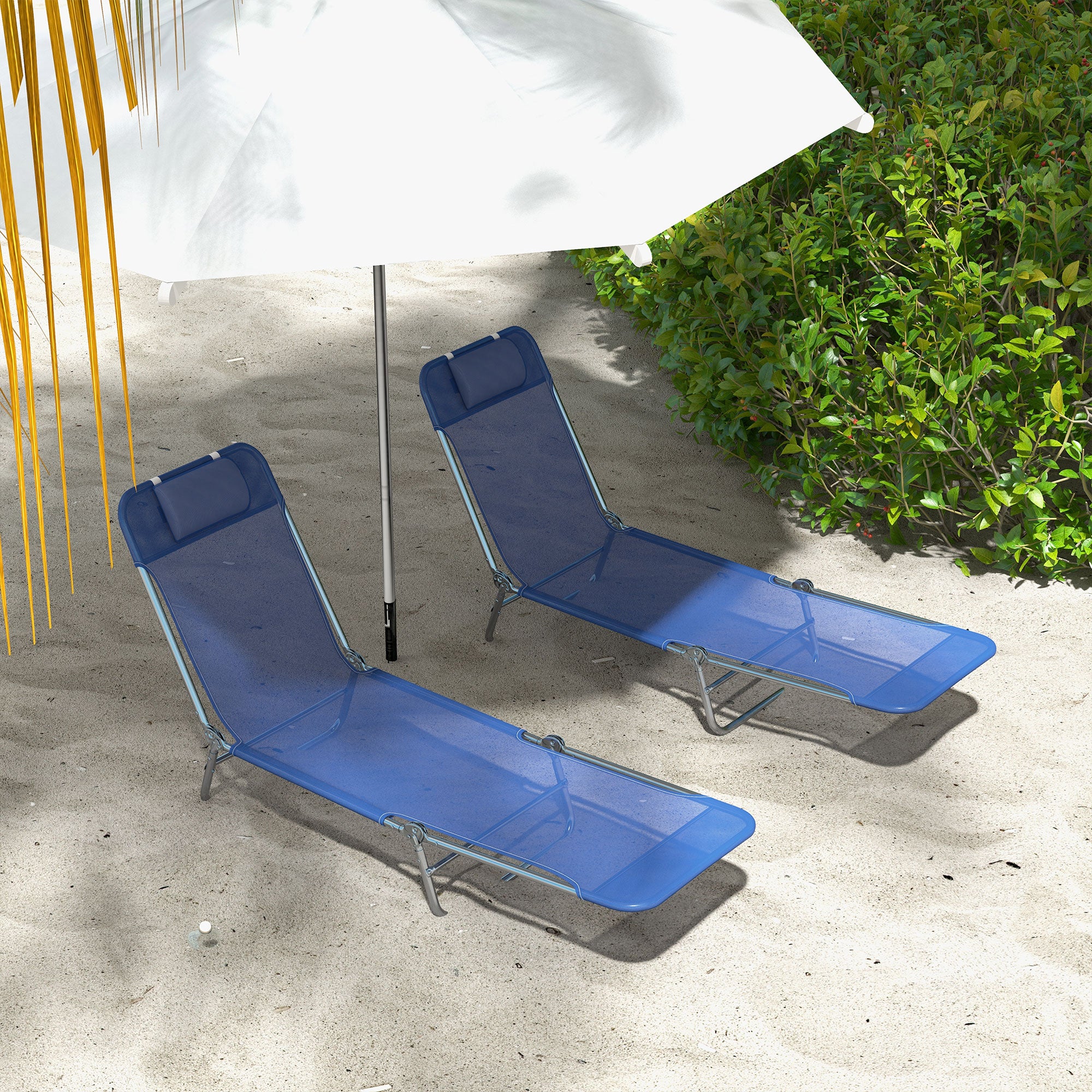 Outsunny  Set of 2 Folding Chaise Lounge Pool Chairs, Outdoor Sun Tanning Chairs with Pillow, Reclining Back, Steel Frame & Breathable Mesh for Beach, Yard, Patio, Dark Blue
