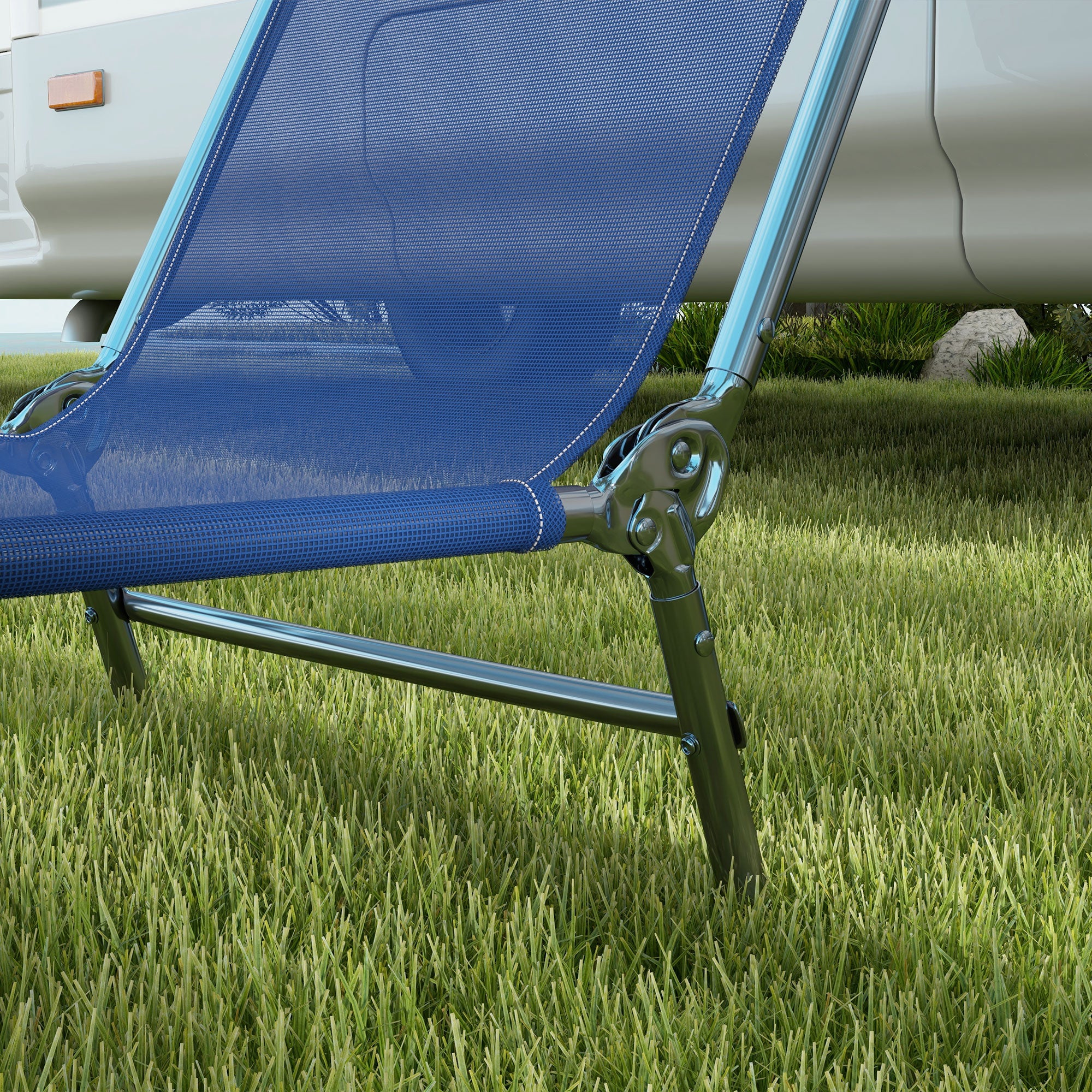 Outsunny  Set of 2 Folding Chaise Lounge Pool Chairs, Outdoor Sun Tanning Chairs with Pillow, Reclining Back, Steel Frame & Breathable Mesh for Beach, Yard, Patio, Dark Blue