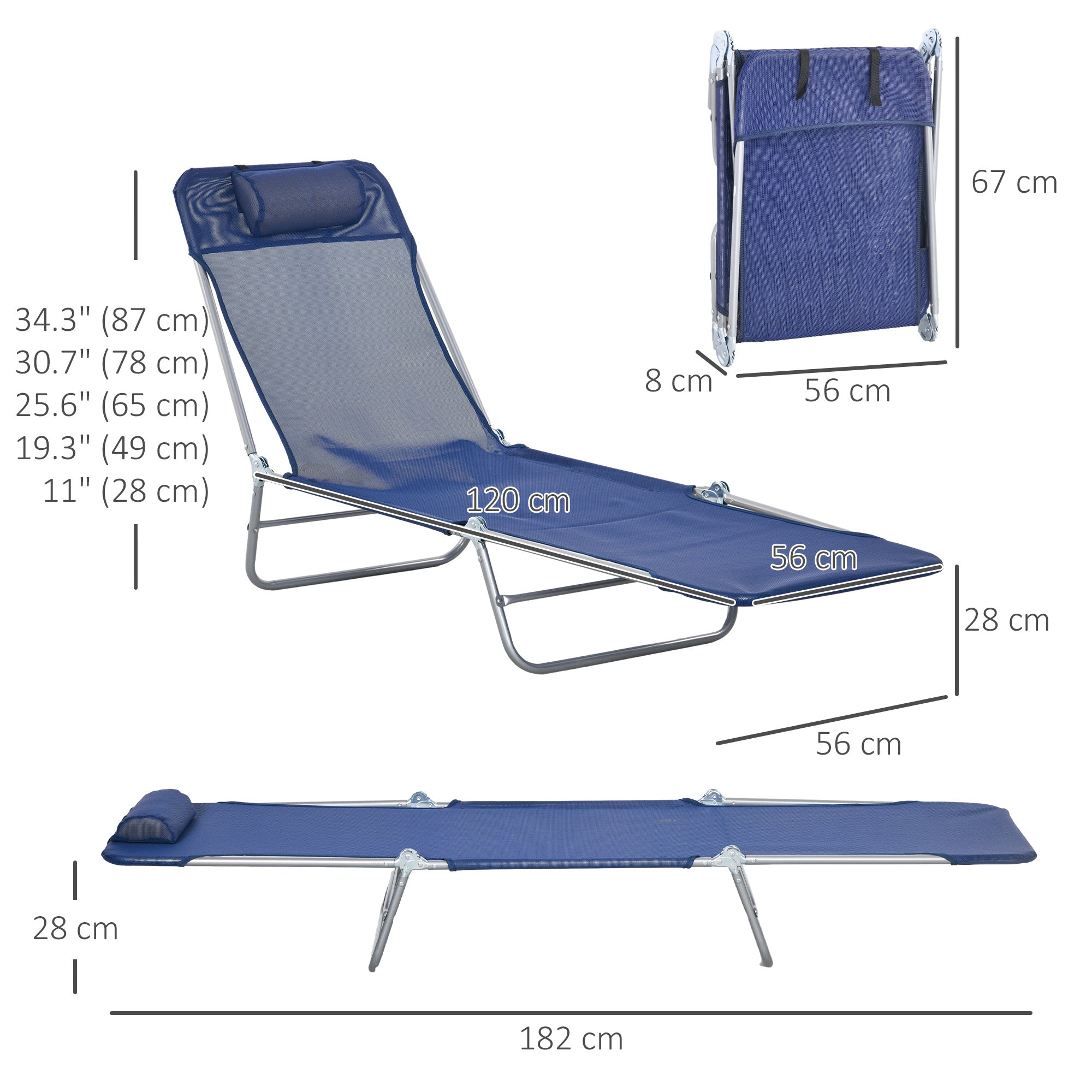 Outsunny  Set of 2 Folding Chaise Lounge Pool Chairs, Outdoor Sun Tanning Chairs with Pillow, Reclining Back, Steel Frame & Breathable Mesh for Beach, Yard, Patio, Dark Blue