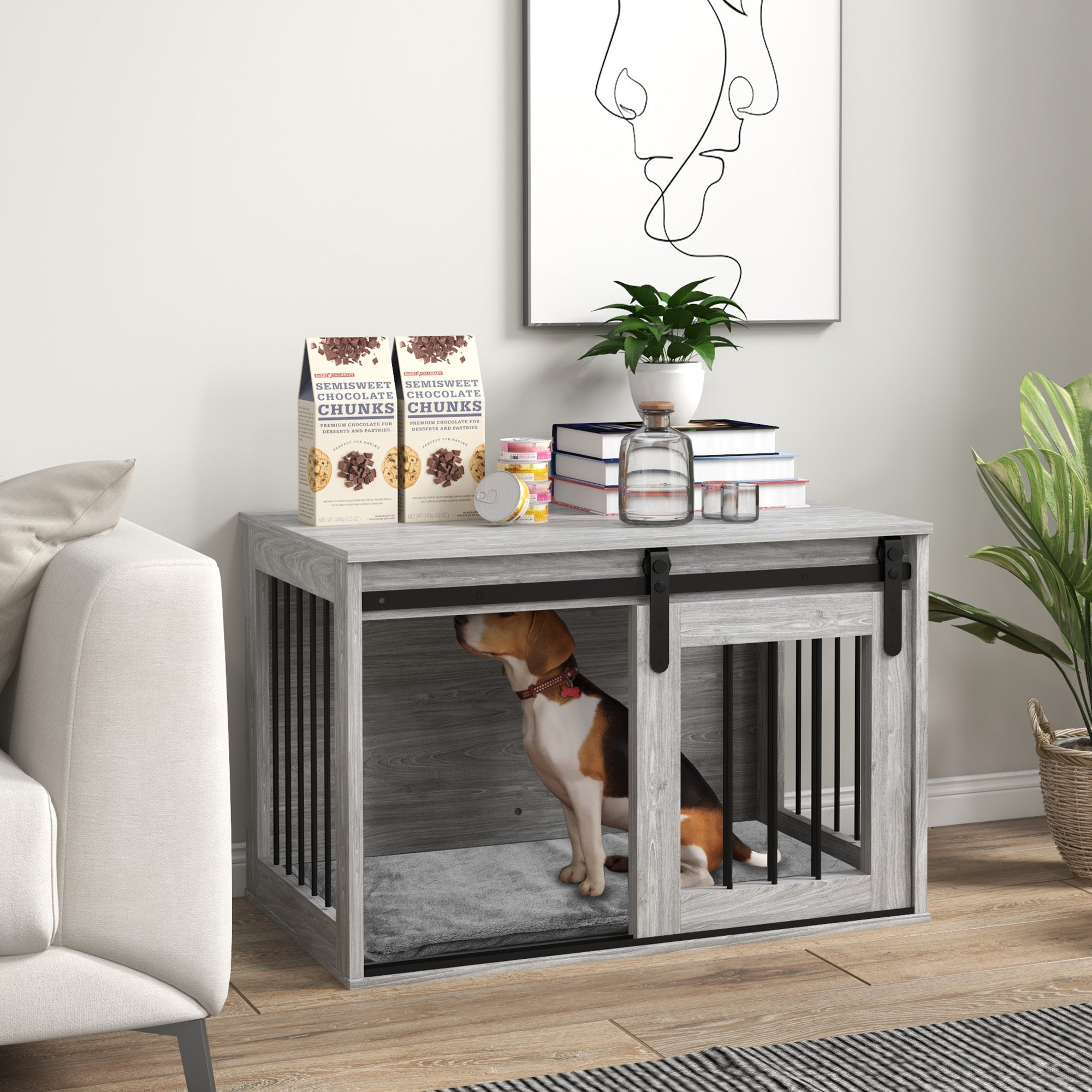 PawHut Dog Crate Furniture, Dog House Furniture Style for Medium Breeds, Pet Kennel with Removable Cushion for Indoor Use, 80 x 54 x 57cm, Grey