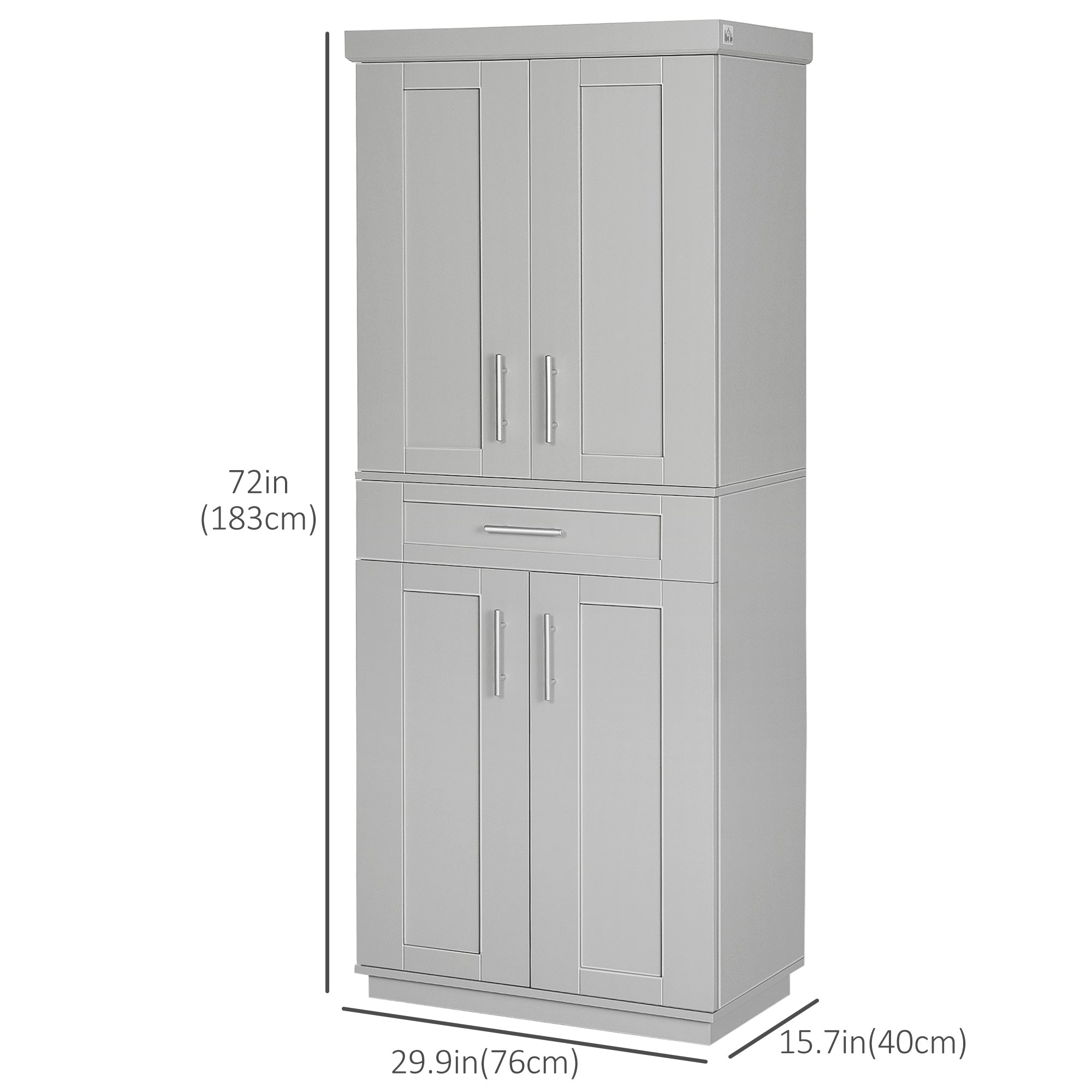 HOMCOM 72" Tall Kitchen Pantry Cabinet, Freestanding Kitchen Storage Cabinet with 4 Doors, Drawer and 3 Adjustable Shelves, Grey