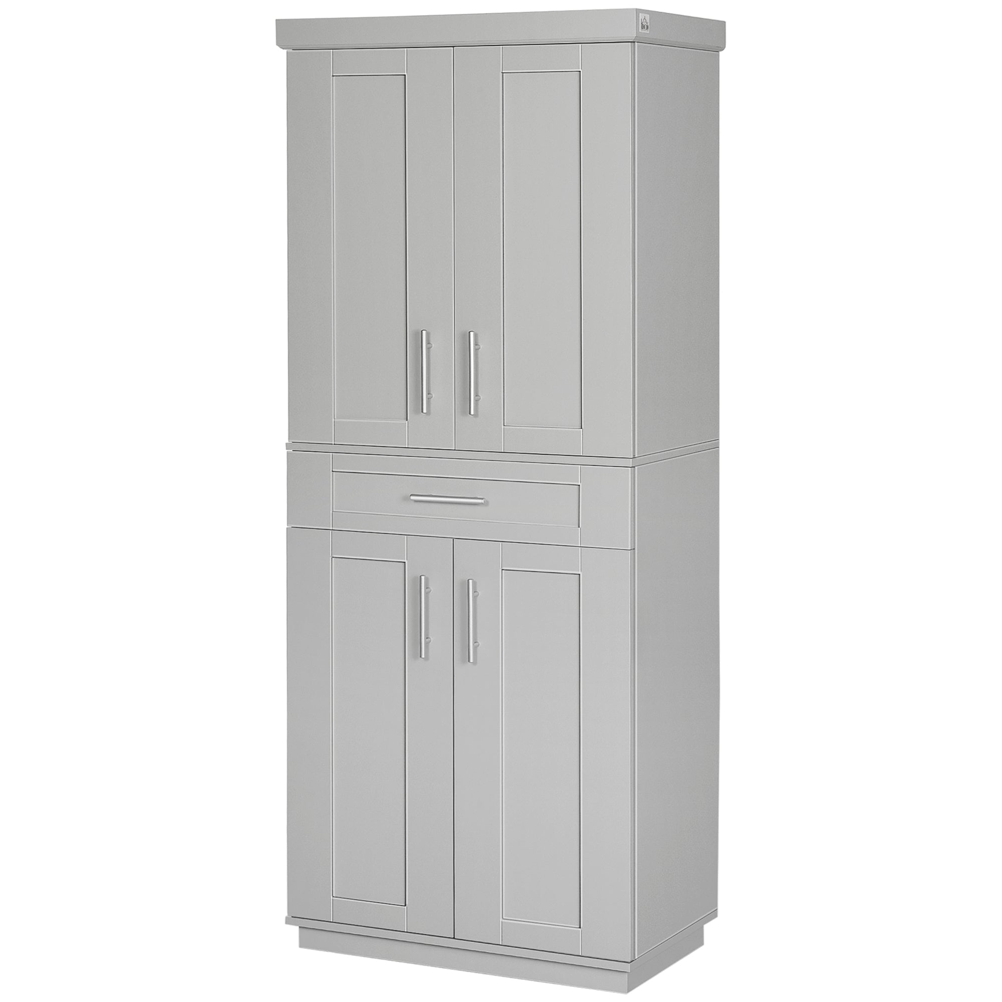 HOMCOM 72" Tall Kitchen Pantry Cabinet, Freestanding Kitchen Storage Cabinet with 4 Doors, Drawer and 3 Adjustable Shelves, Grey