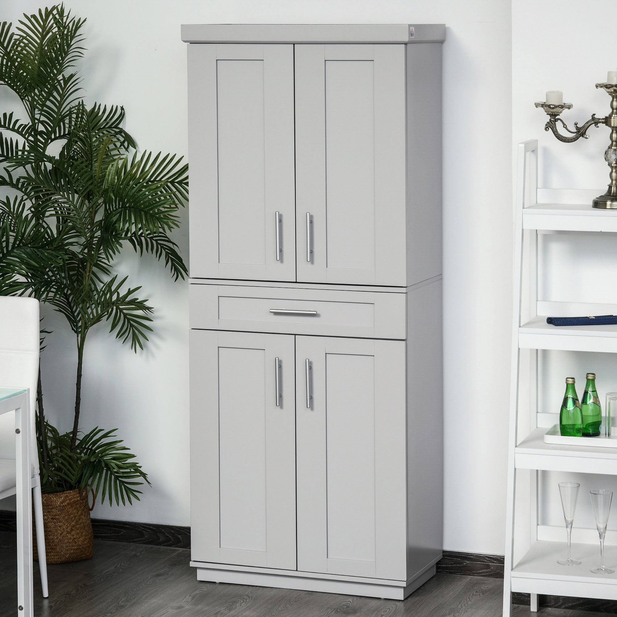 HOMCOM 72" Tall Kitchen Pantry Cabinet, Freestanding Kitchen Storage Cabinet with 4 Doors, Drawer and 3 Adjustable Shelves, Grey