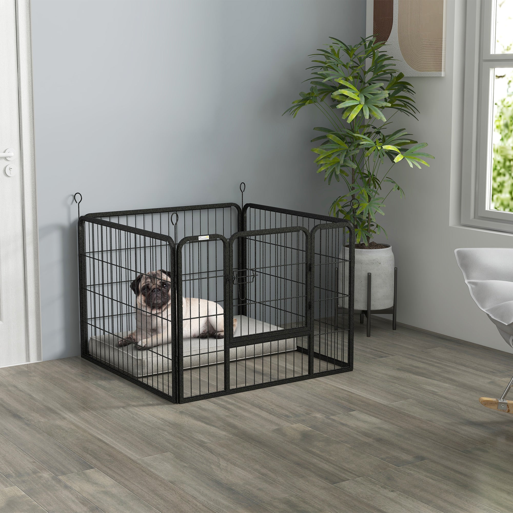 PawHut Metal Pet Playpen Puppy Dog Exercise Fence Pen with Gate Door Indoor Outdoor for Small Animal Rabbit, 32.25"x32.25"x23.5"