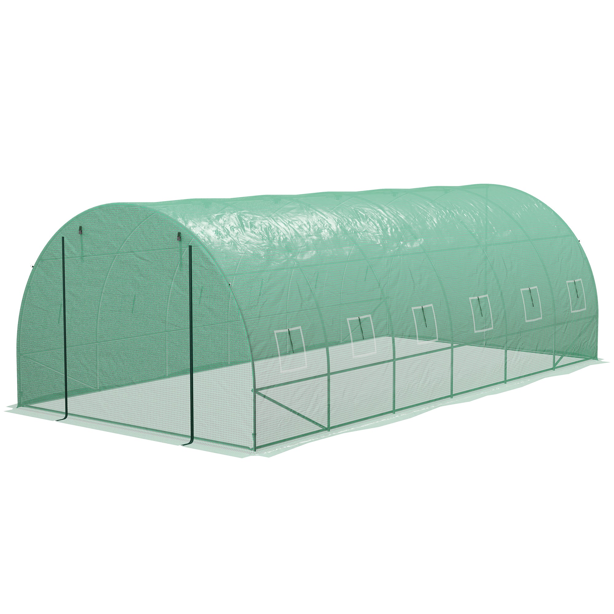 Outsunny 20' x 10' Tunnel Greenhouse with Sprinkler System, Walk-in Green House with Wide Roll-up Door, 12 Mesh Windows, Galvanised Steel Frame, Green