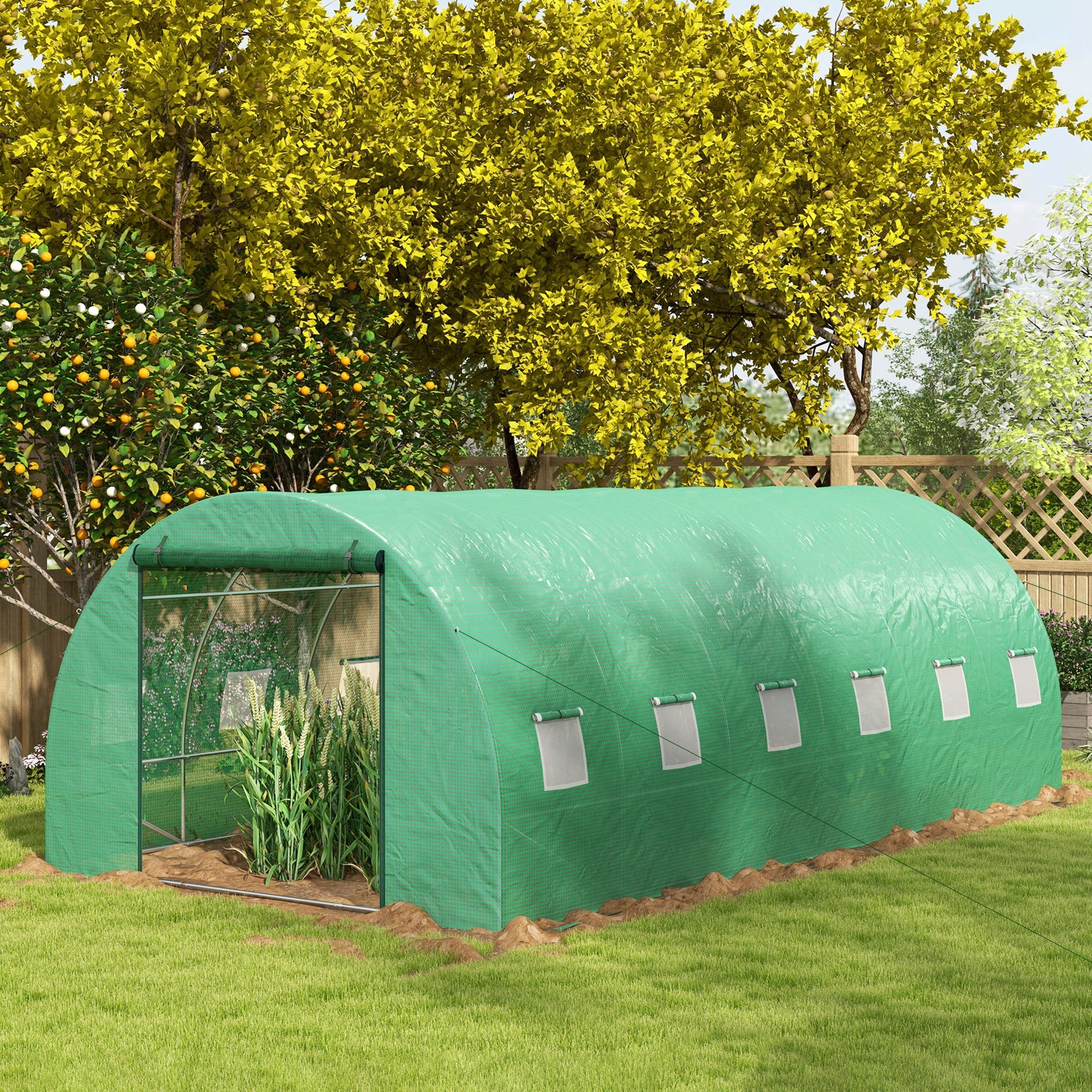 Outsunny 20' x 10' Tunnel Greenhouse with Sprinkler System, Walk-in Green House with Wide Roll-up Door, 12 Mesh Windows, Galvanised Steel Frame, Green