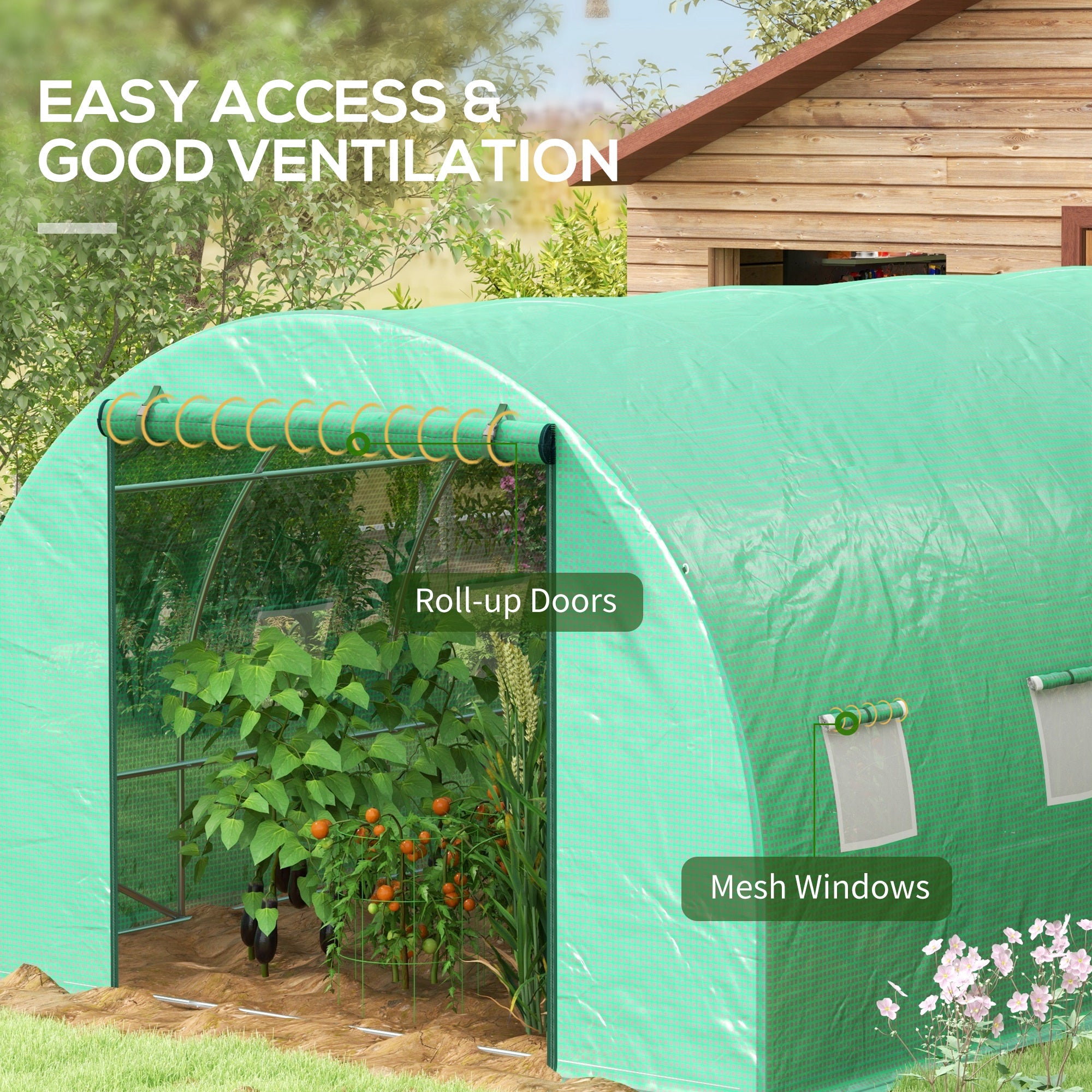 Outsunny 20' x 10' Tunnel Greenhouse with Sprinkler System, Walk-in Green House with Wide Roll-up Door, 12 Mesh Windows, Galvanised Steel Frame, Green
