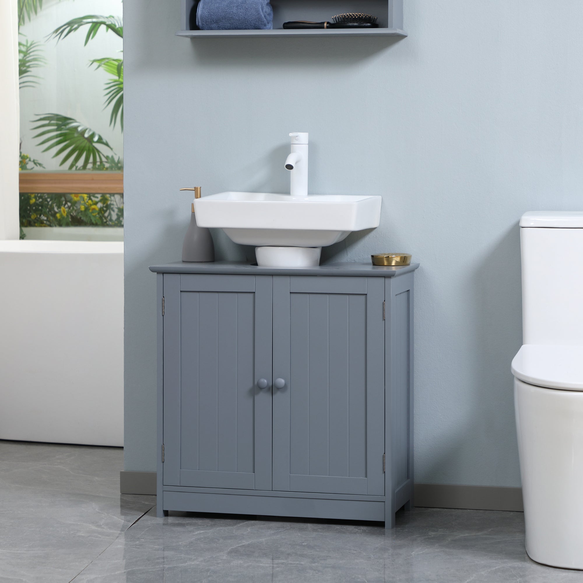 HOMCOM Under Sink Bathroom Cabinet with 2 Doors and Shelf, Pedestal Sink Bathroom Vanity Furniture, Grey
