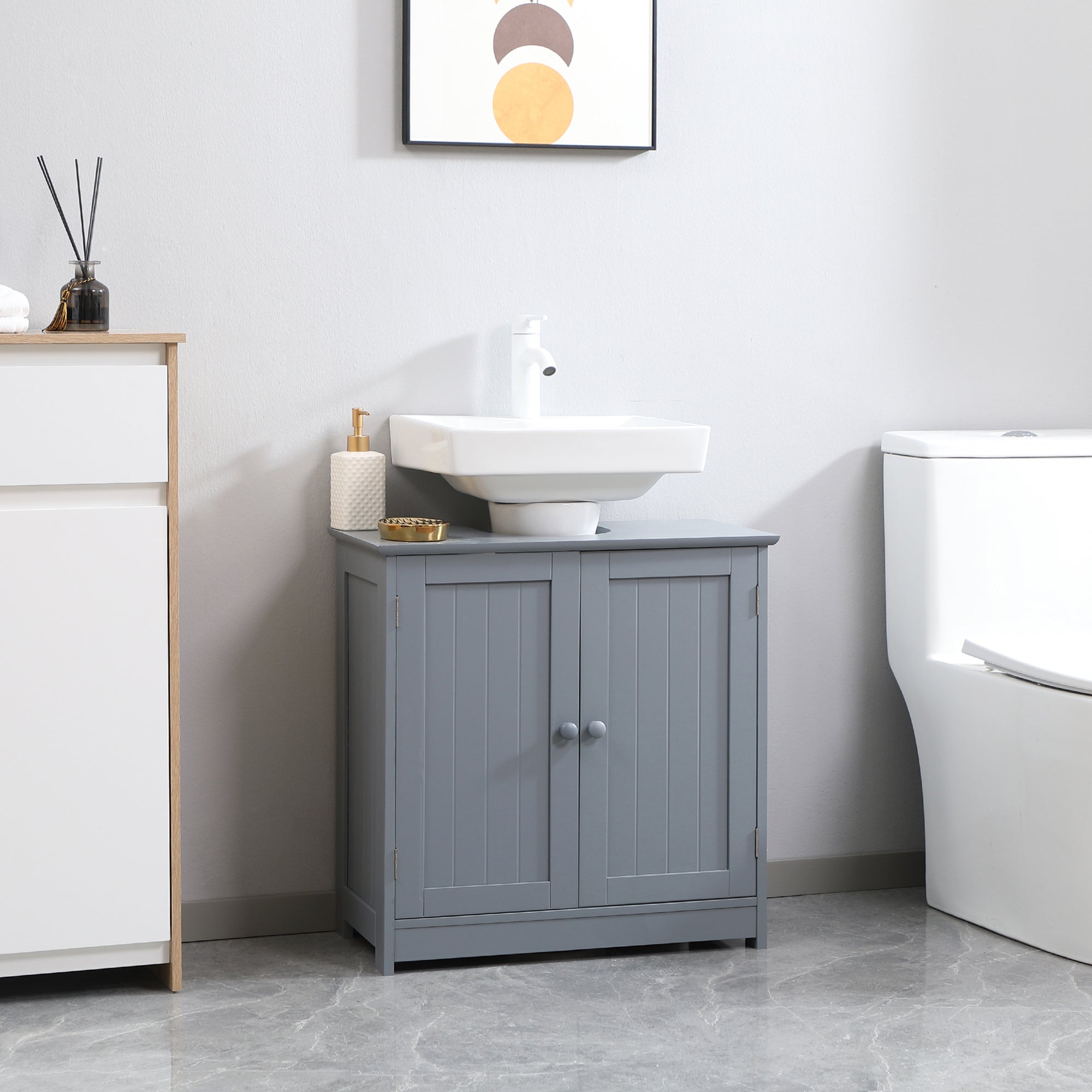 HOMCOM Under Sink Bathroom Cabinet with 2 Doors and Shelf, Pedestal Sink Bathroom Vanity Furniture, Grey