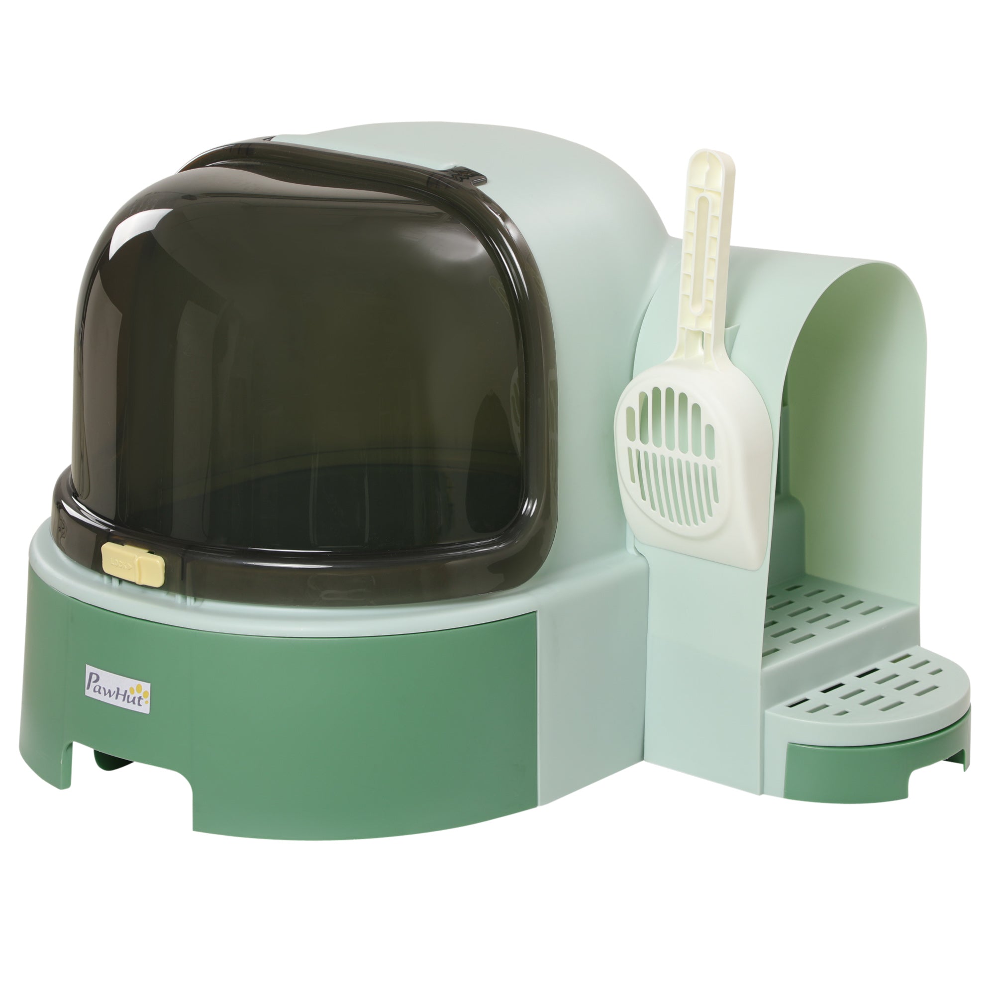 PawHut 2 in 1 Cat Litter Box Cat House, Hooded Cat Litter Tray, with Drawer Pans, Scoop, Openable Cover - Green