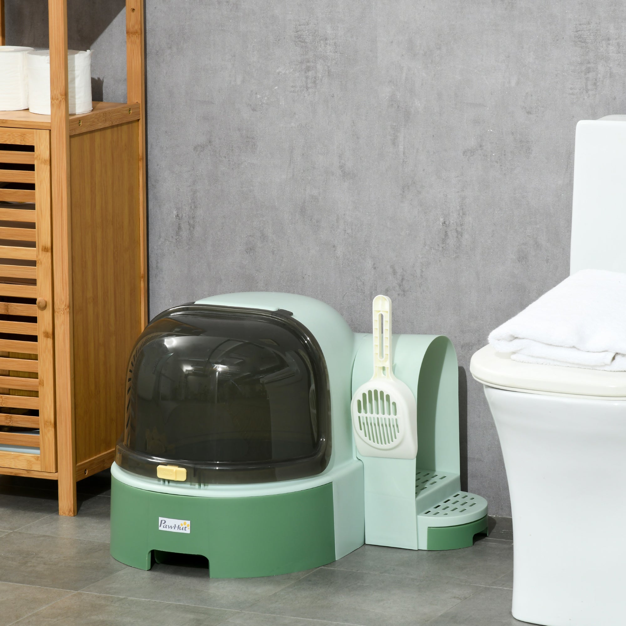 PawHut 2 in 1 Cat Litter Box Cat House, Hooded Cat Litter Tray, with Drawer Pans, Scoop, Openable Cover - Green