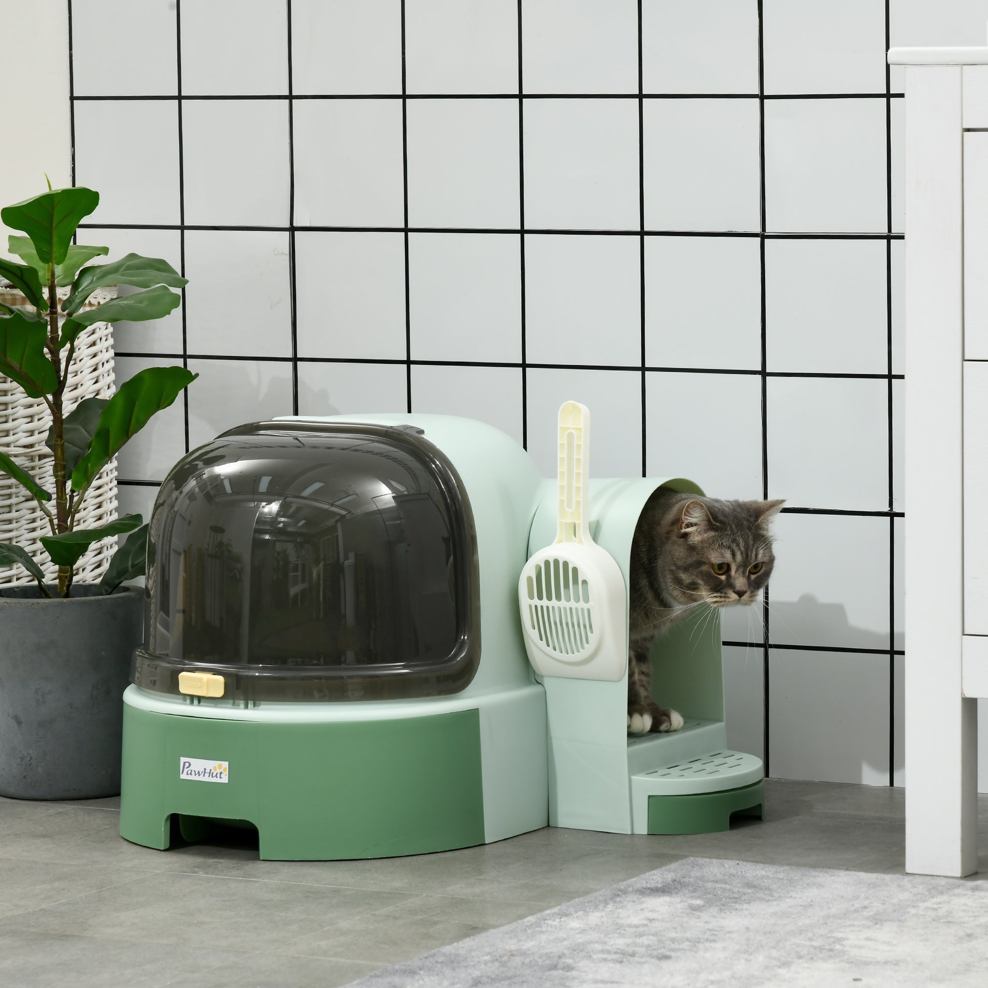 PawHut 2 in 1 Cat Litter Box Cat House, Hooded Cat Litter Tray, with Drawer Pans, Scoop, Openable Cover - Green