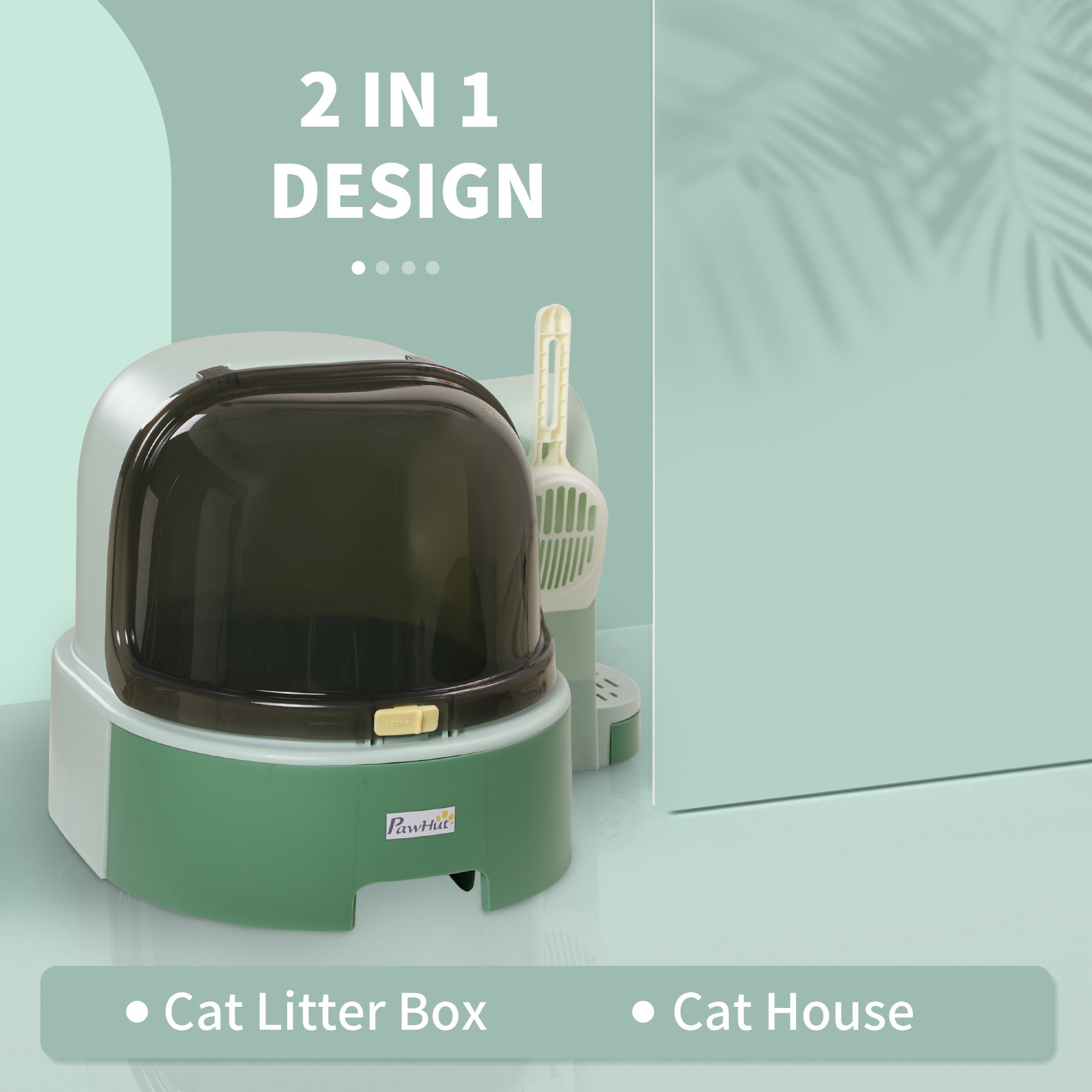 PawHut 2 in 1 Cat Litter Box Cat House, Hooded Cat Litter Tray, with Drawer Pans, Scoop, Openable Cover - Green
