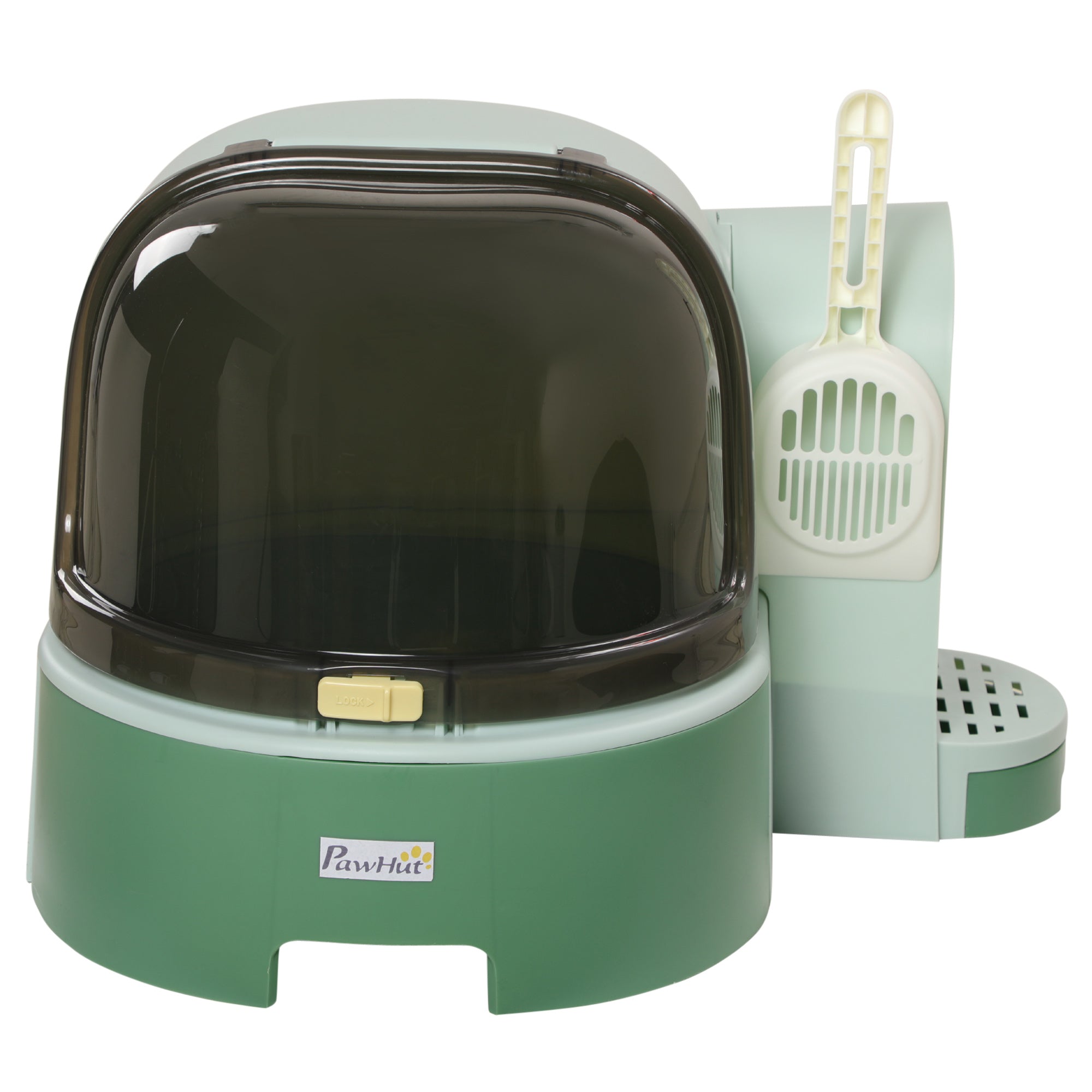 PawHut 2 in 1 Cat Litter Box Cat House, Hooded Cat Litter Tray, with Drawer Pans, Scoop, Openable Cover - Green