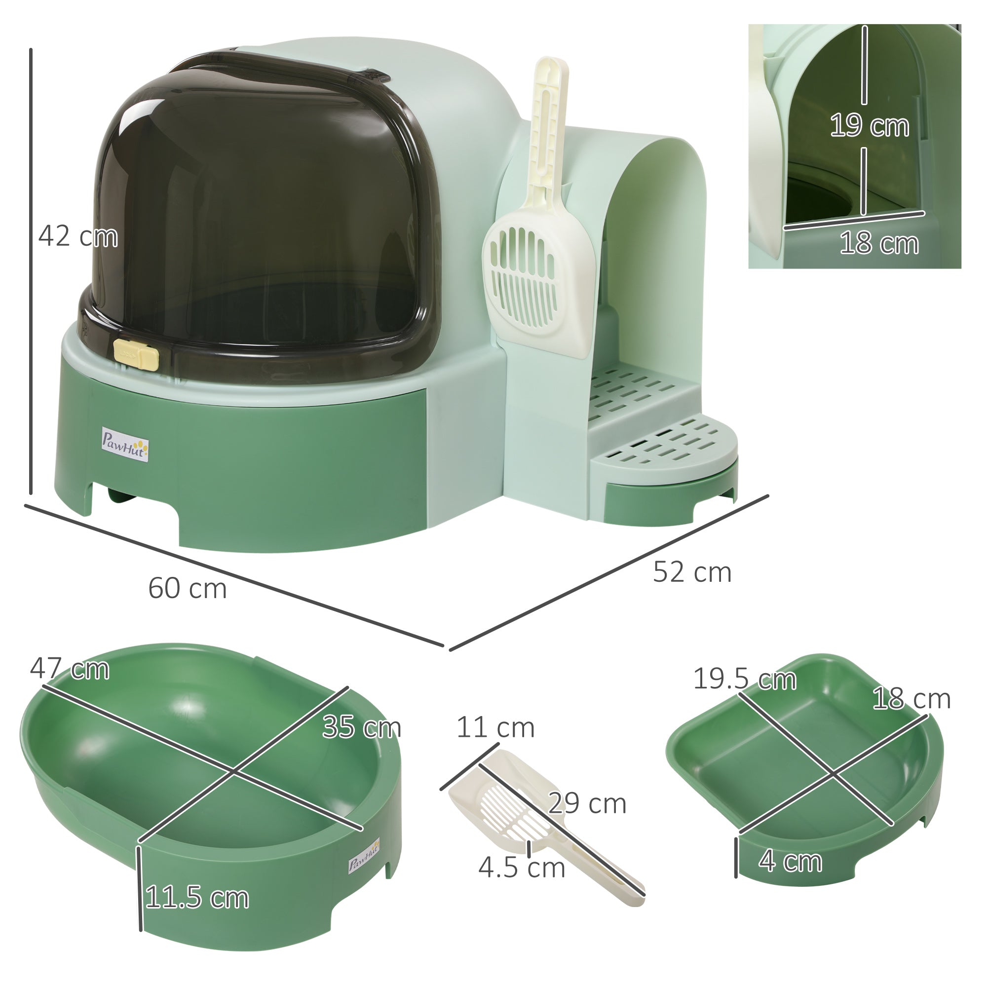 PawHut 2 in 1 Cat Litter Box Cat House, Hooded Cat Litter Tray, with Drawer Pans, Scoop, Openable Cover - Green
