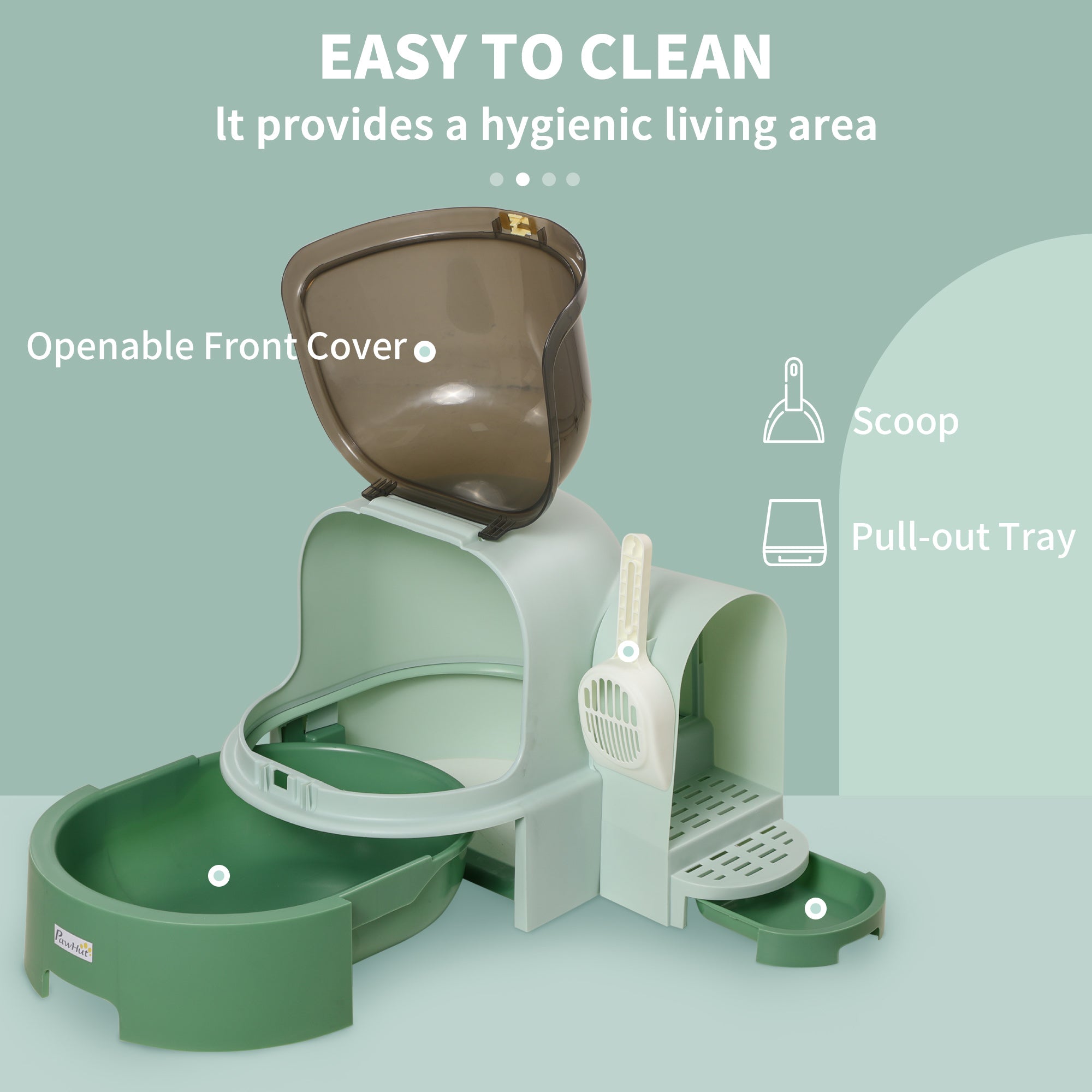 PawHut 2 in 1 Cat Litter Box Cat House, Hooded Cat Litter Tray, with Drawer Pans, Scoop, Openable Cover - Green