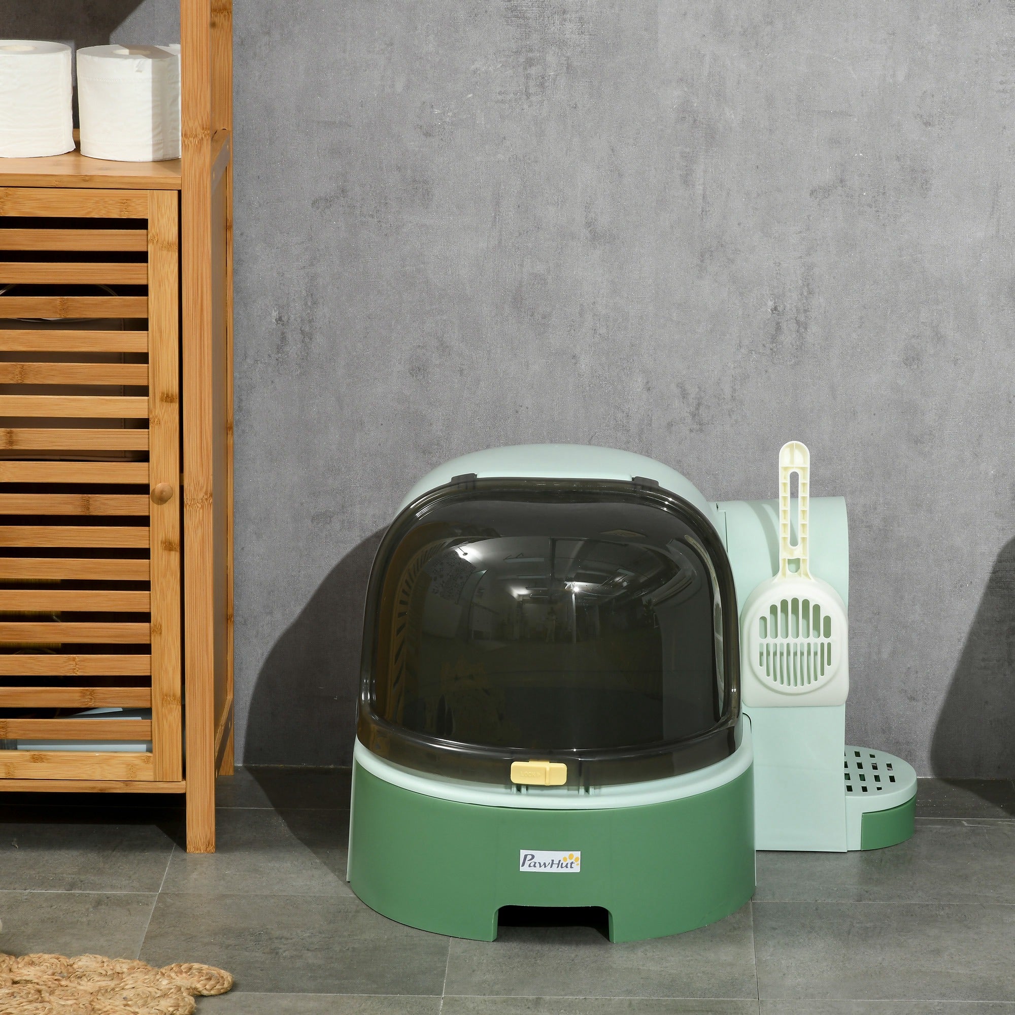 PawHut 2 in 1 Cat Litter Box Cat House, Hooded Cat Litter Tray, with Drawer Pans, Scoop, Openable Cover - Green
