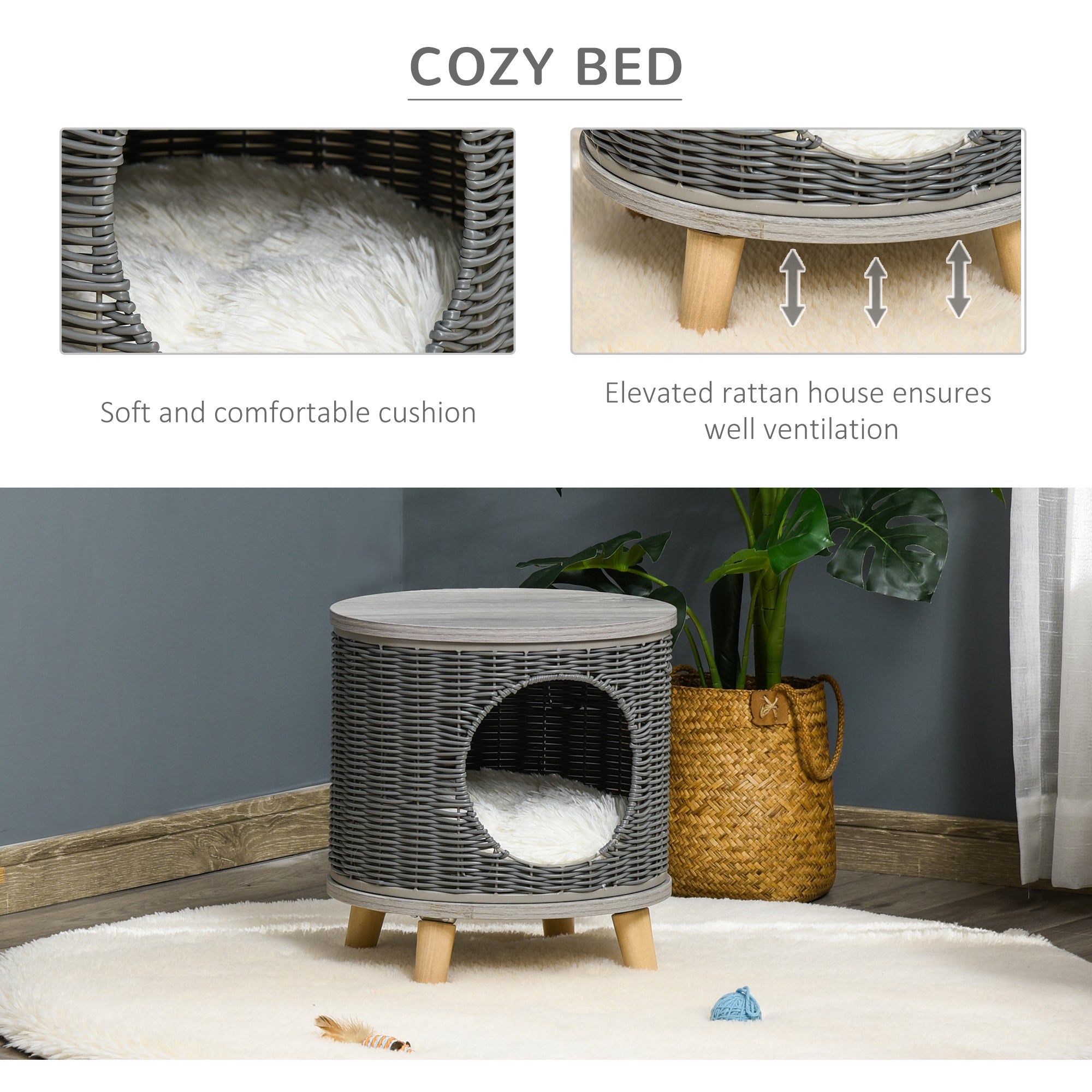 PawHut Wicker Cat Bed Cave Pet House Elevated Rattan Basket Ottoman Removable Cushion Grey