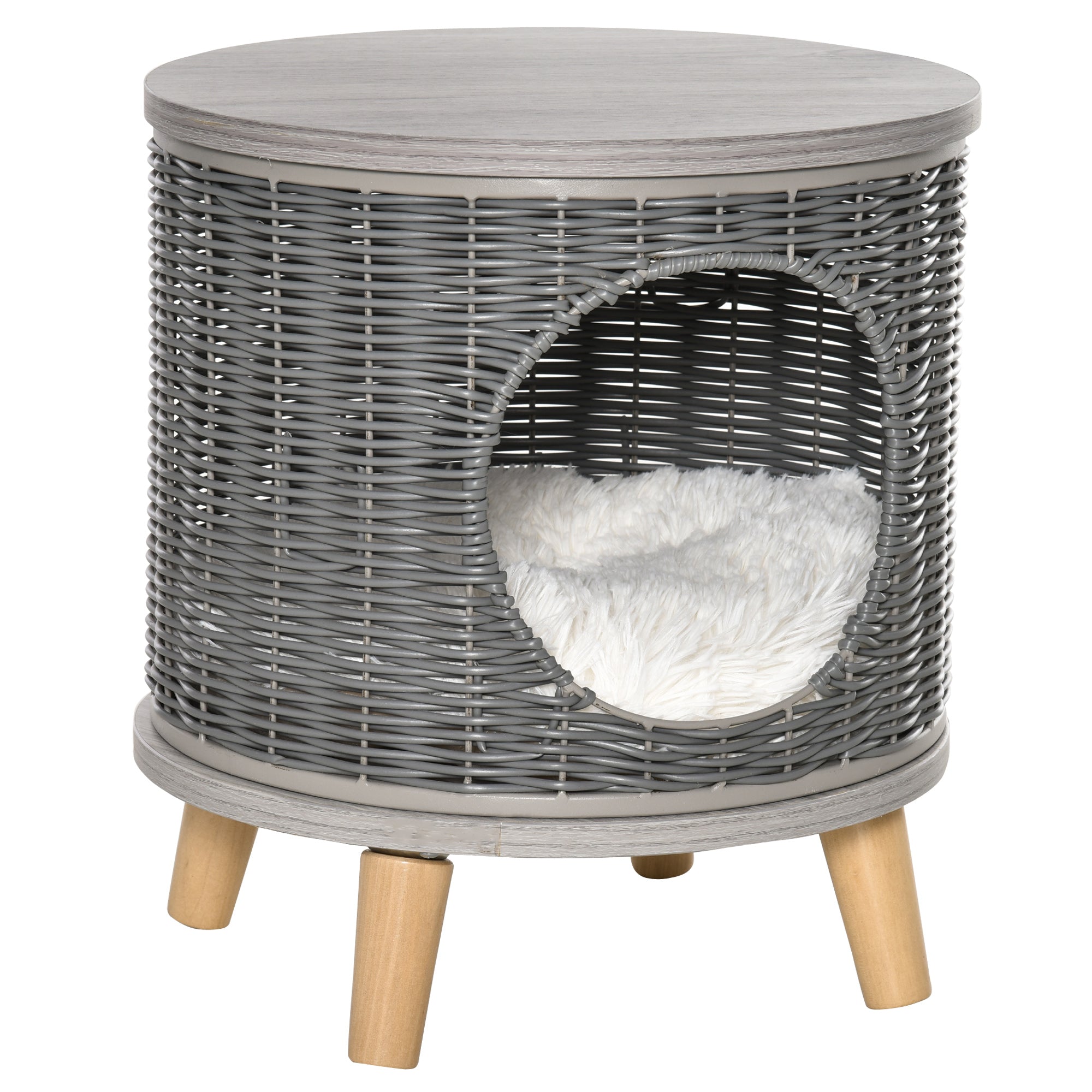 PawHut Wicker Cat Bed Cave Pet House Elevated Rattan Basket Ottoman Removable Cushion Grey