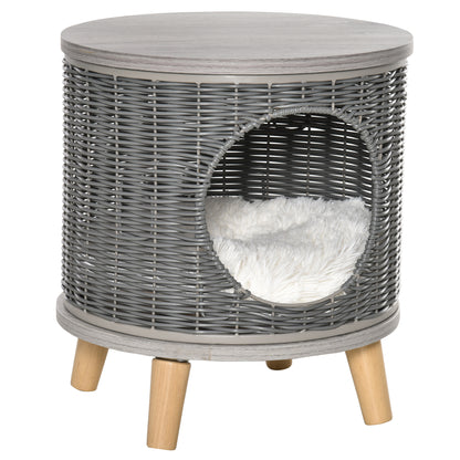 PawHut Wicker Cat Bed Cave Pet House Elevated Rattan Basket Ottoman Removable Cushion Grey