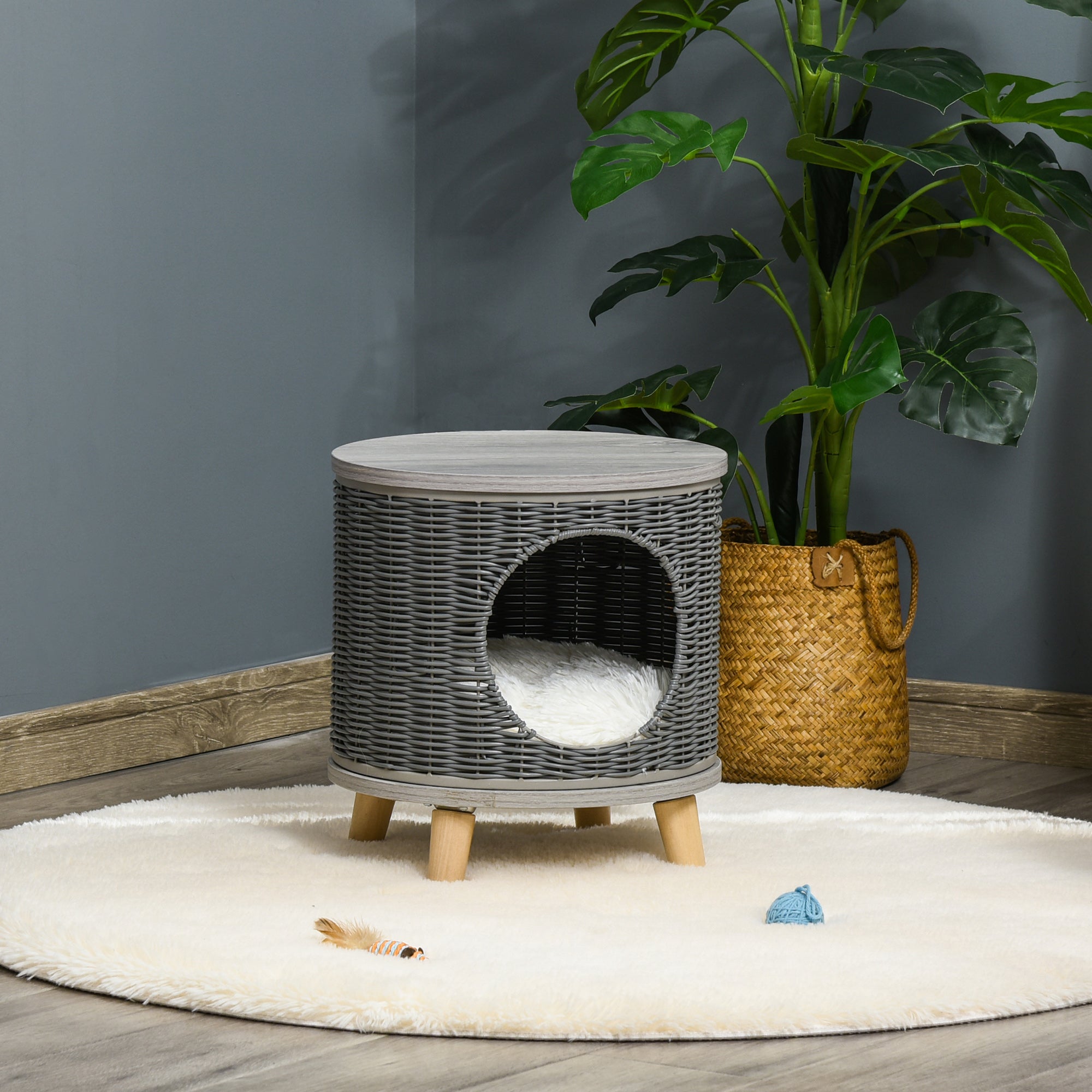 PawHut Wicker Cat Bed Cave Pet House Elevated Rattan Basket Ottoman Removable Cushion Grey
