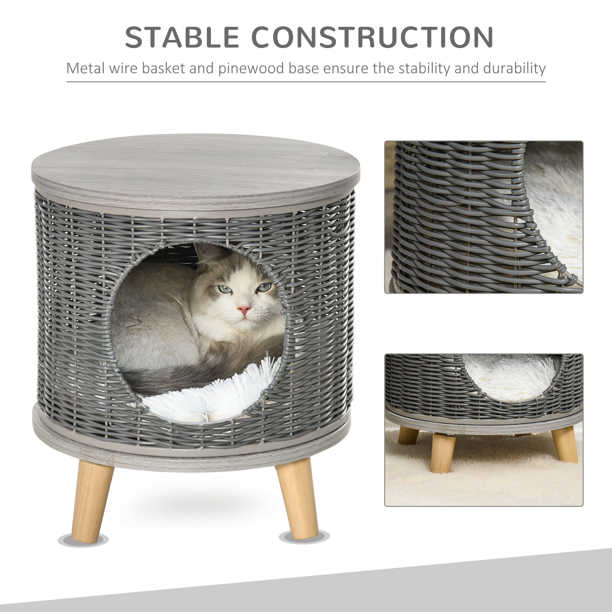 PawHut Wicker Cat Bed Cave Pet House Elevated Rattan Basket Ottoman Removable Cushion Grey