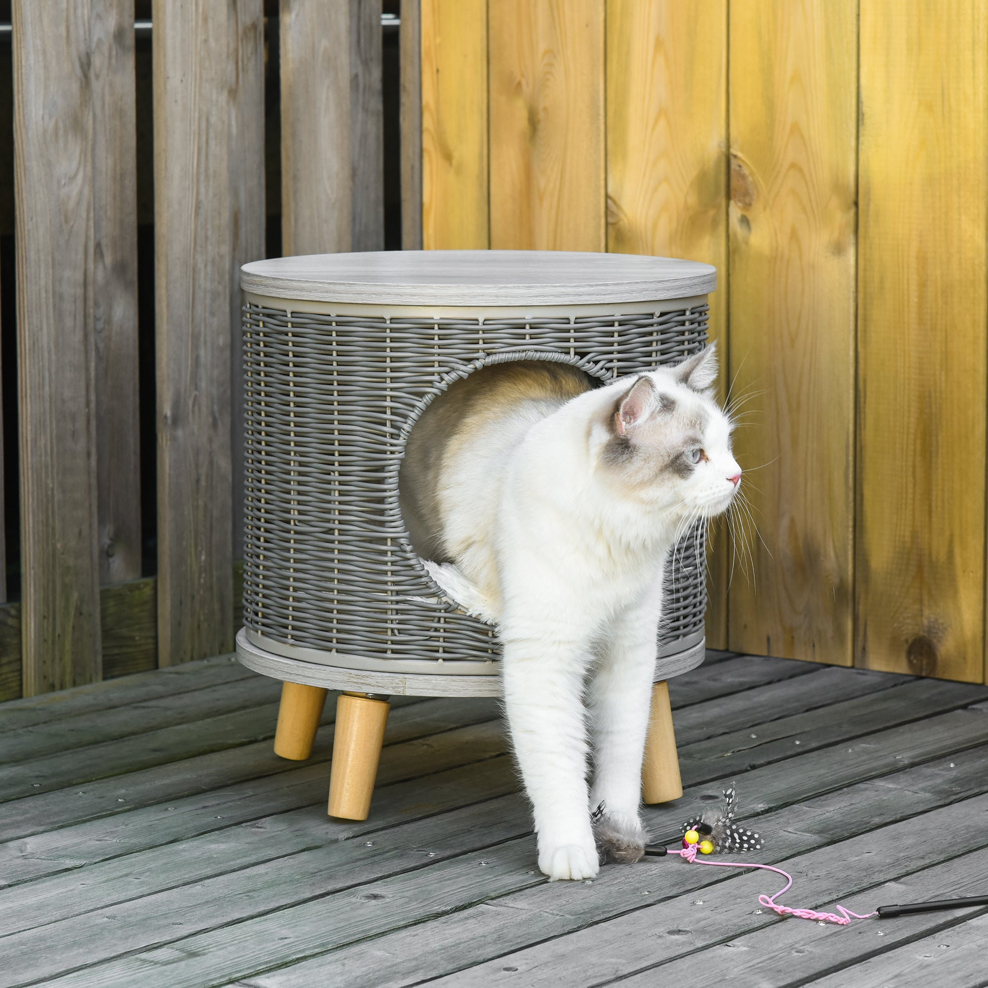 PawHut Wicker Cat Bed Cave Pet House Elevated Rattan Basket Ottoman Removable Cushion Grey
