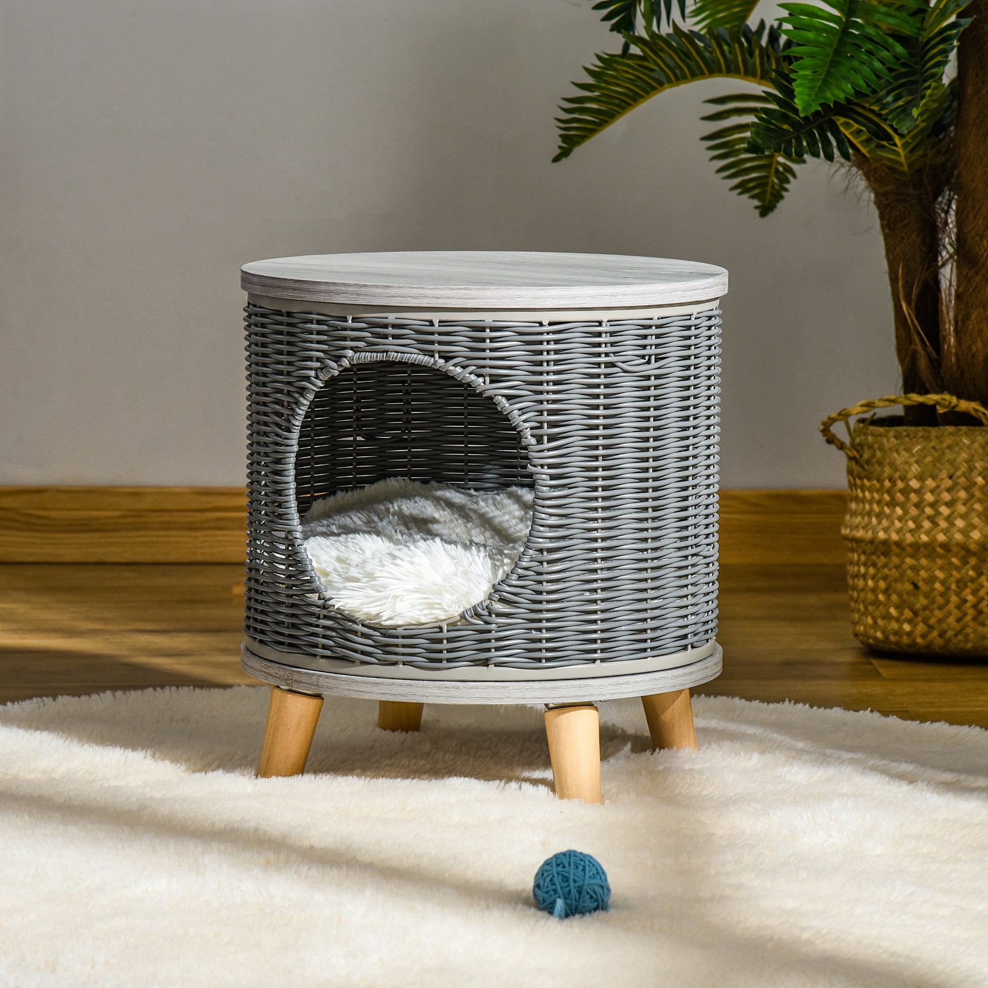 PawHut Wicker Cat Bed Cave Pet House Elevated Rattan Basket Ottoman Removable Cushion Grey