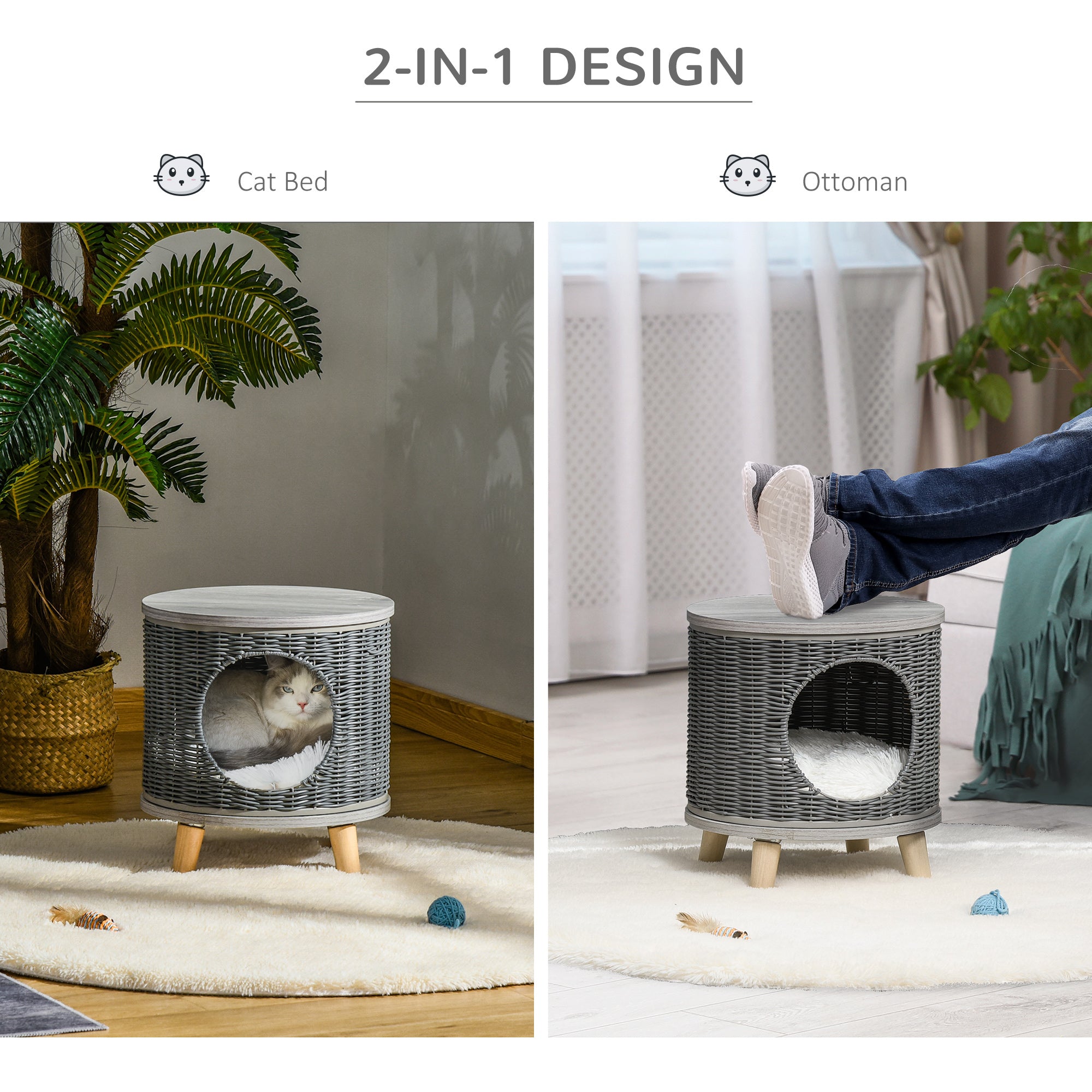 PawHut Wicker Cat Bed Cave Pet House Elevated Rattan Basket Ottoman Removable Cushion Grey