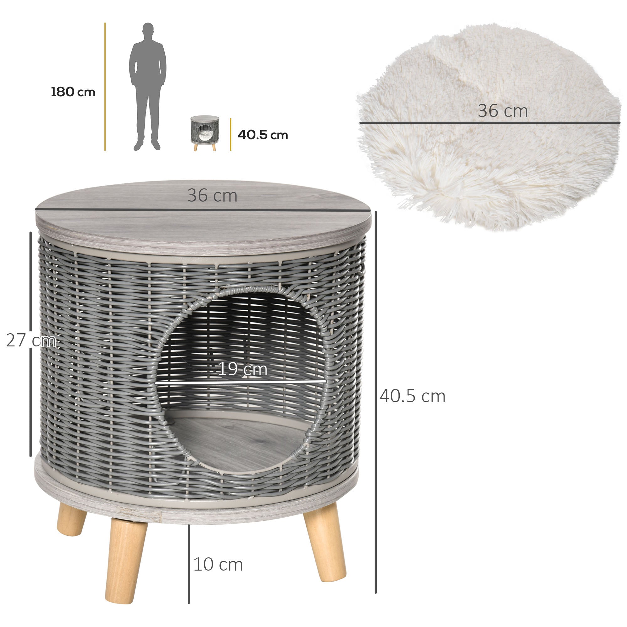 PawHut Wicker Cat Bed Cave Pet House Elevated Rattan Basket Ottoman Removable Cushion Grey