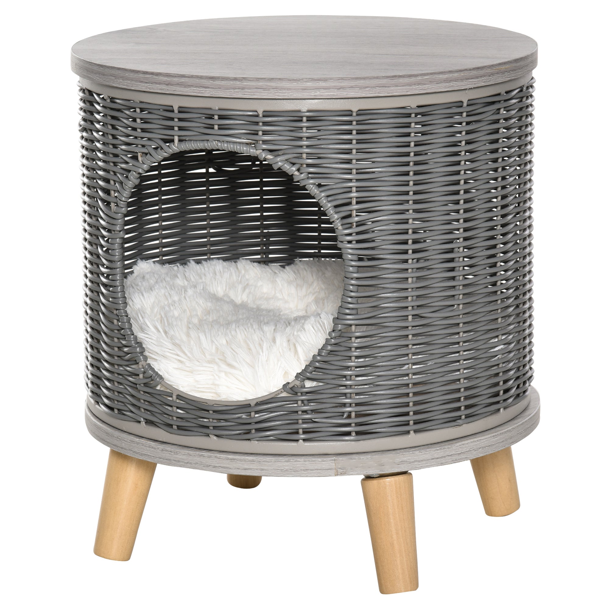 PawHut Wicker Cat Bed Cave Pet House Elevated Rattan Basket Ottoman Removable Cushion Grey
