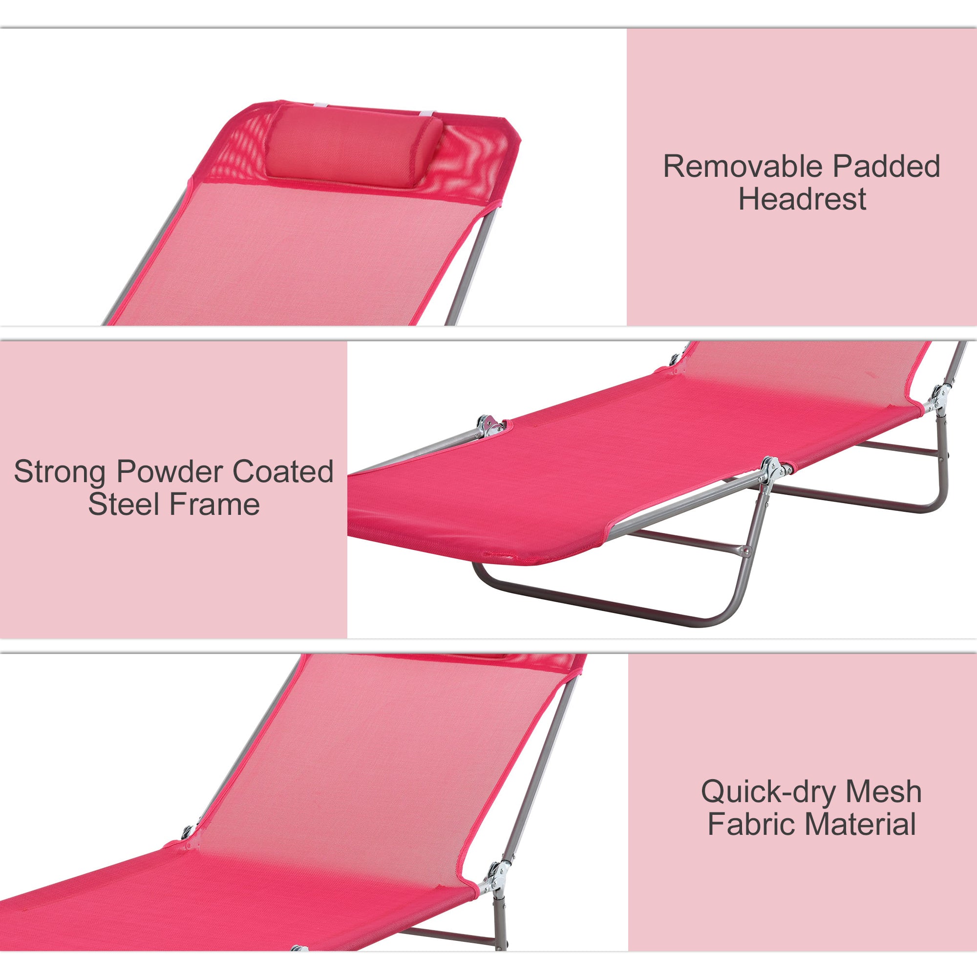 Outsunny Outdoor Lounge Chair, Portable Adjustable Reclining Seat Folding Chaise Lounge Patio Camping Beach Tanning Chair Bed with Pillow, Pink