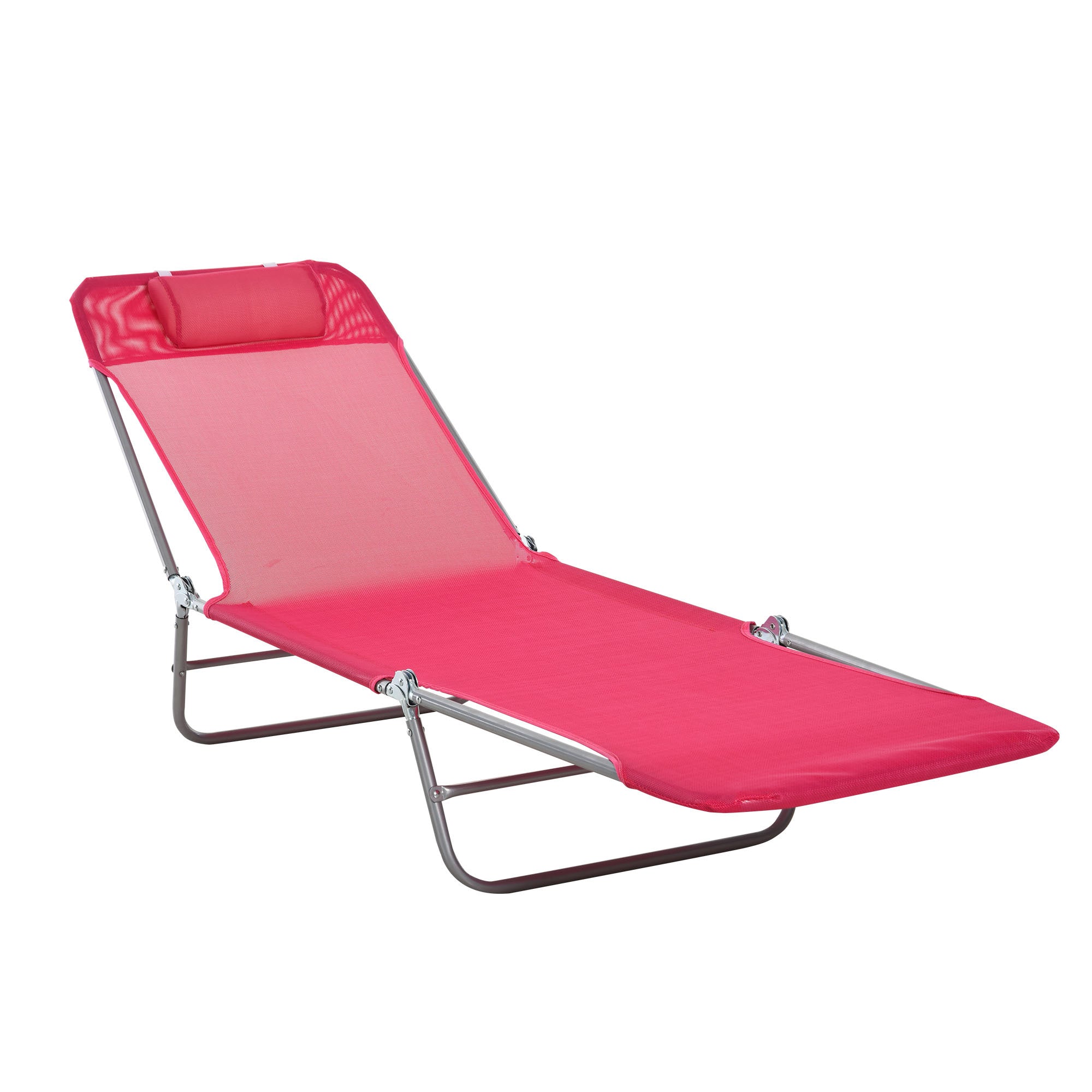 Outsunny Outdoor Lounge Chair, Portable Adjustable Reclining Seat Folding Chaise Lounge Patio Camping Beach Tanning Chair Bed with Pillow, Pink