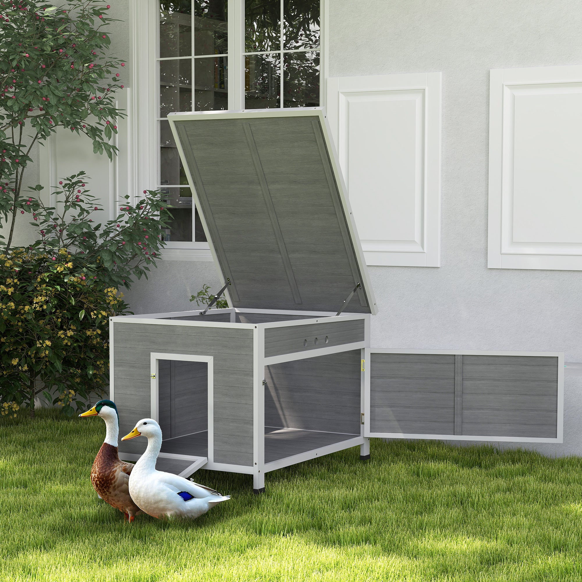 PawHut Duck Coop, Wooden Rabbit Hutch with Openable Roof, Removable Floor, Double Doors, Ramp, Weatherproof Pet House, Small Animal Outdoor Shelter for 3-6 Chickens, Geese 30" x 38" x 30"