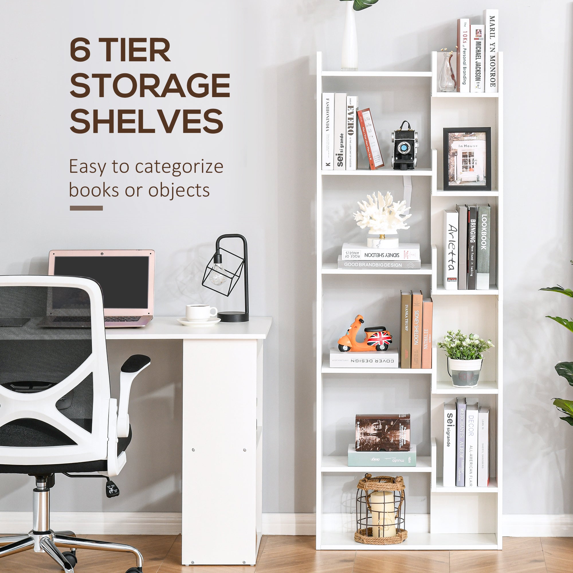 HOMCOM 6-Tier Tall Bookcase, Modern Storage Bookshelf, Display Shelves, Floor Standing Shelving, Display Rack for Living Room, Home Office, White