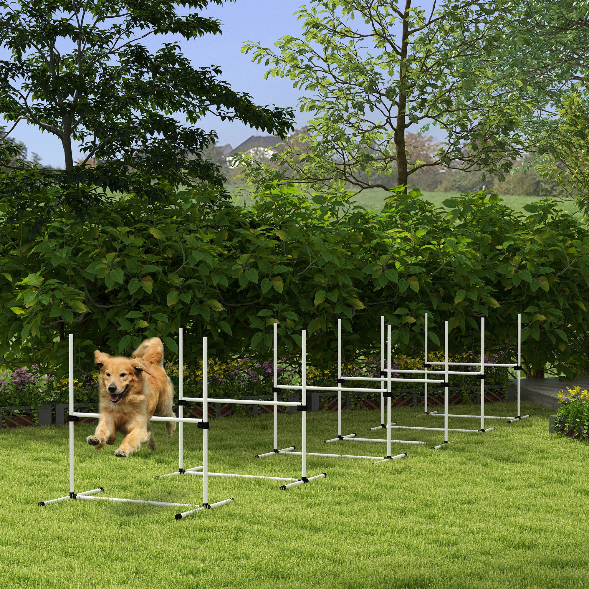 PawHut 6 Piece Dog Agility Training Equipment for Dog Agility Course with Adjustable Height Jump Bars, Included Carry Bag, & Displacing Top Bar, White