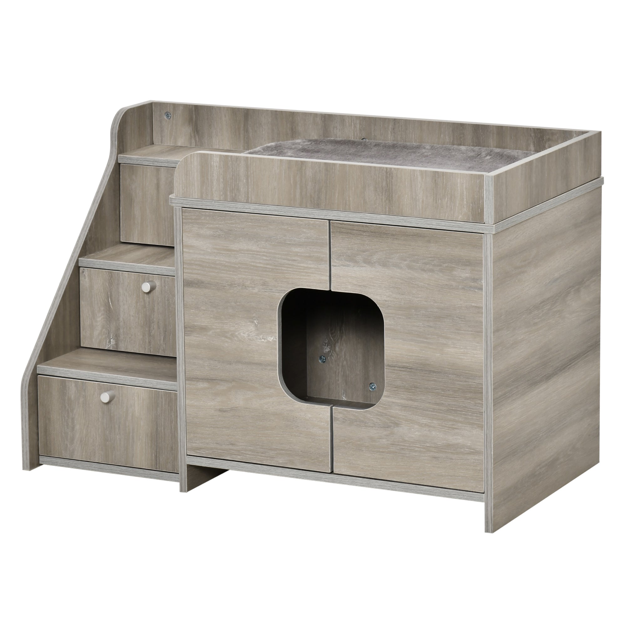 PawHut Hidden Litter Box Furniture Cat Washroom Decorative Kitten House Nightstand End Table Indoor with Multipurpose Ladder Cushion Oak