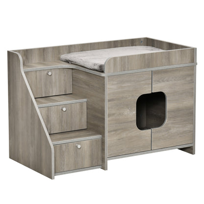 PawHut Hidden Litter Box Furniture Cat Washroom Decorative Kitten House Nightstand End Table Indoor with Multipurpose Ladder Cushion Oak