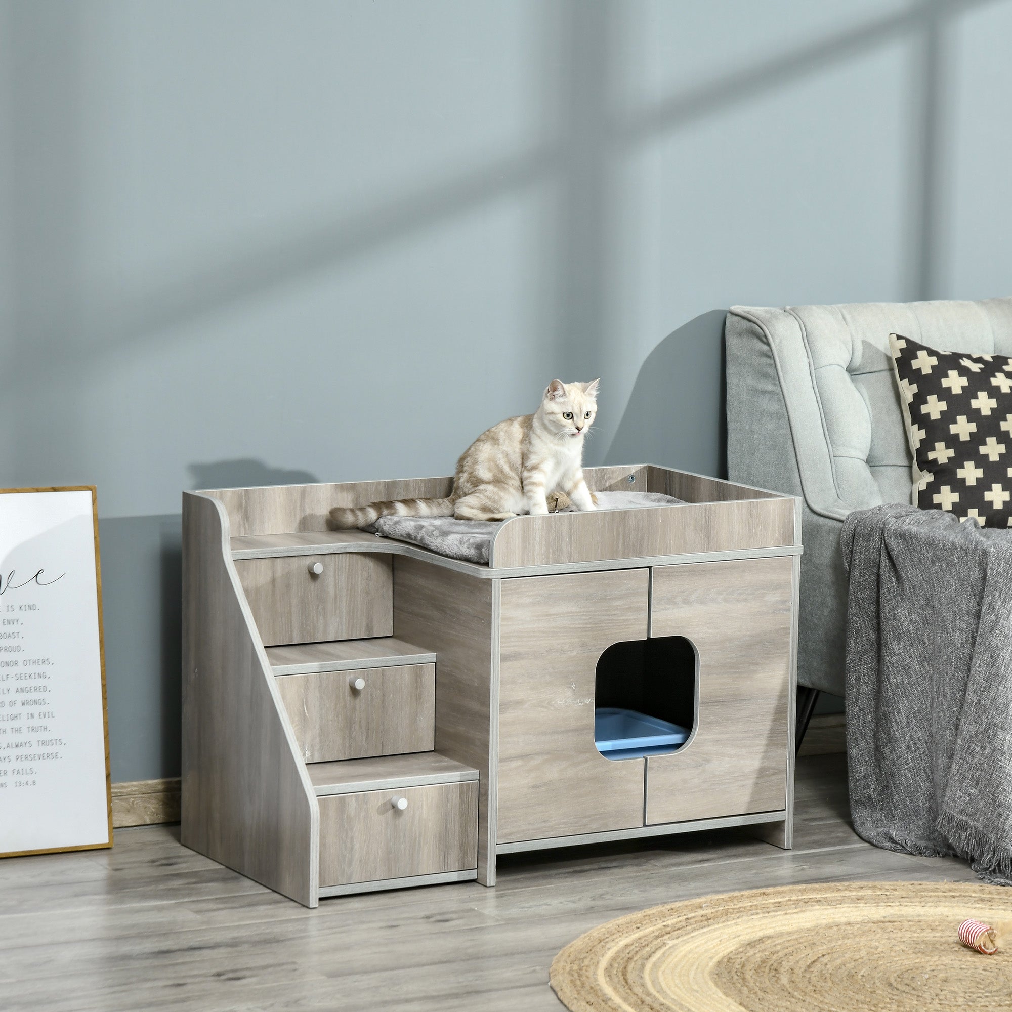 PawHut Hidden Litter Box Furniture Cat Washroom Decorative Kitten House Nightstand End Table Indoor with Multipurpose Ladder Cushion Oak